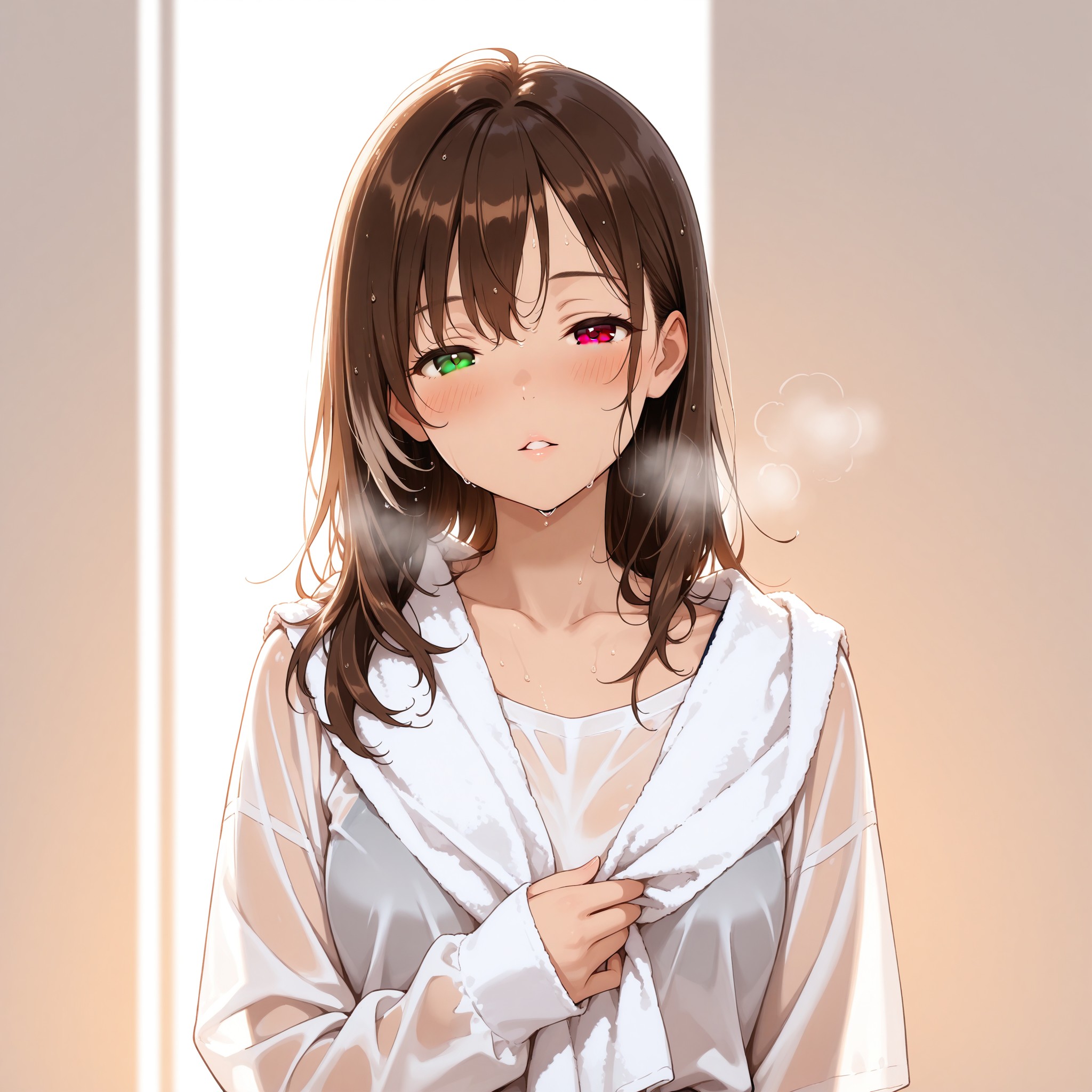 シャワー上がりの無防備シーン。オーバーサイズシャツが湿った肌で半透けになる質感を「damp shirt」「see-through silhouette」で表現。逆光のリムライティングで体のシルエットを浮かび上がらせ、「steam」で湯気の空気感を追加。脱力した表情がナチュラルな色気を生む。