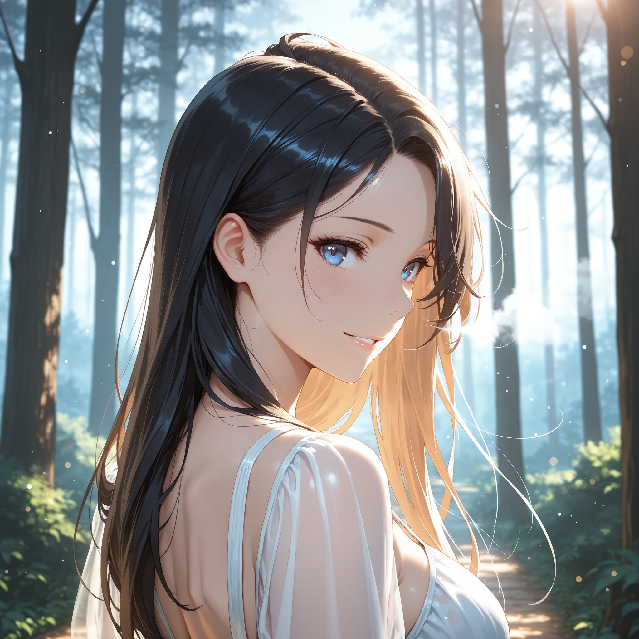 朝霧の森を歩くファンタジックなシーン。シアー素材のドレスが朝露と霧で透ける幻想的な表現を「sheer dress」「translucent fabric layers」「water particles in air」で構築。振り返りポーズと神秘的な微笑みで、儚さと色気を両立させた一枚。ゴッドレイの光線演出が空気中の水分を可視化する。