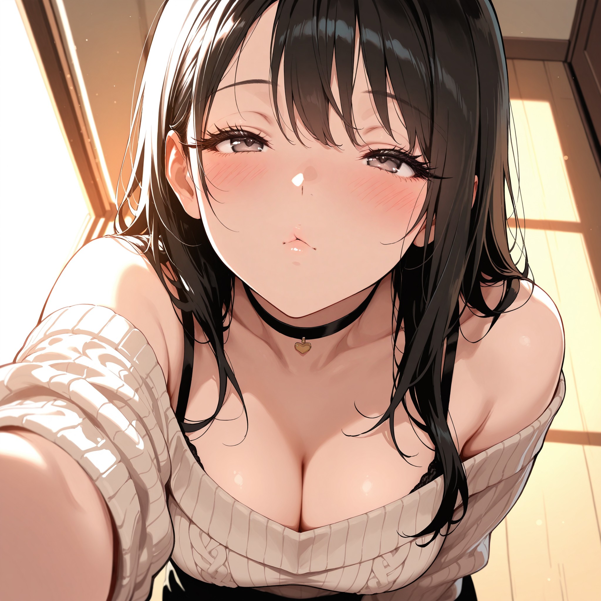 上目遣いに「甘え顔」を掛け合わせたテクニック。looking upとpouty lipsの同時指定でおねだり感が急上昇。from aboveアングルとchin downで上目遣いの効果を最大化している