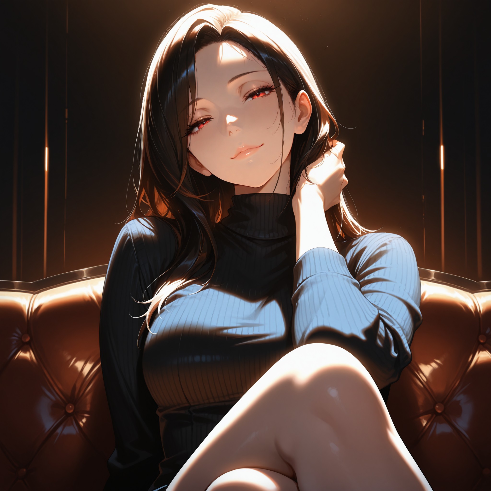 流し目にクールな微笑みを組み合わせた大人の色気。sidelong glanceとslight smile、half-closed eyesの三重掛けで余裕のある誘惑感を演出。dim lightingが影を作り、ミステリアスさを強化