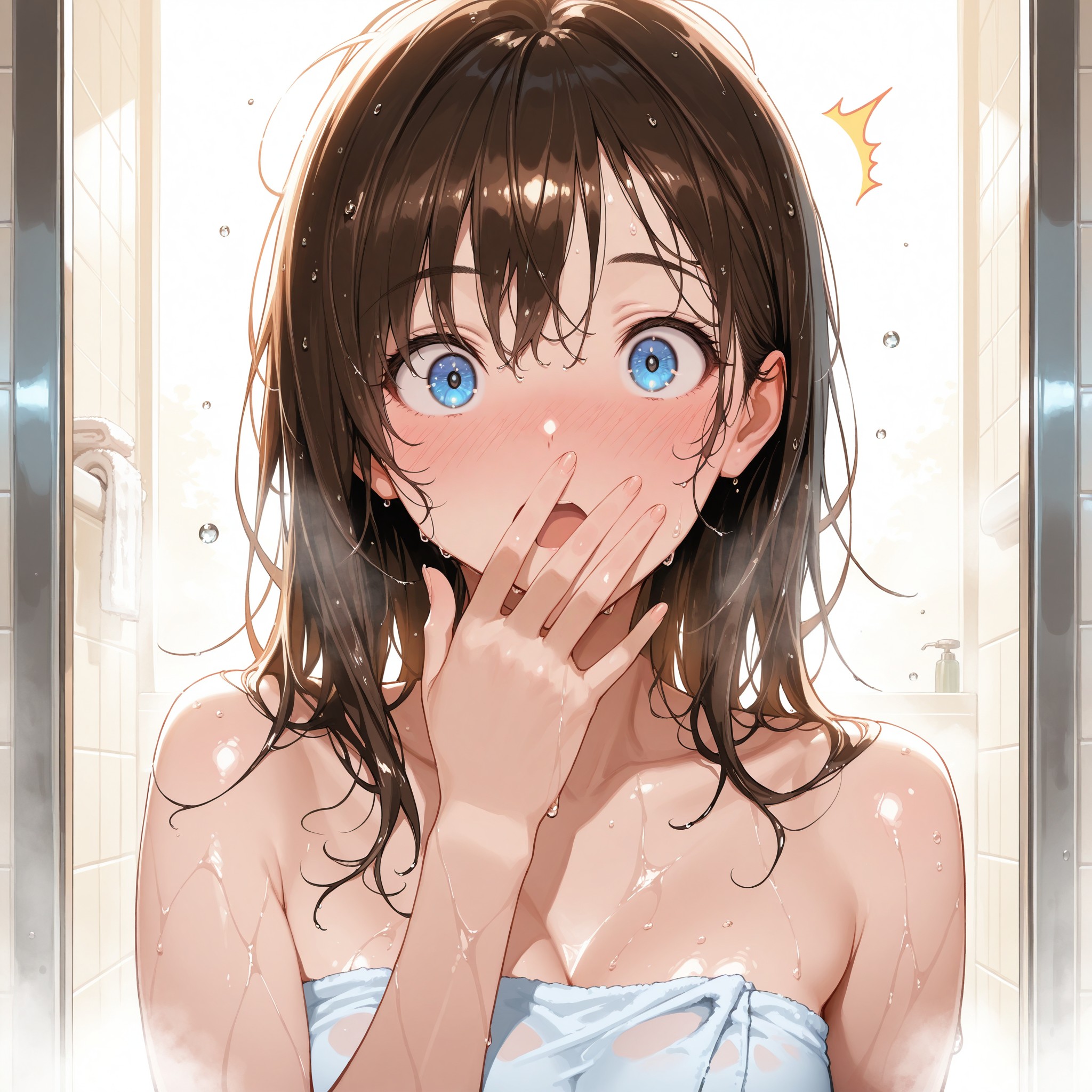 驚き顔と頬染めの掛け合わせで生まれるシチュエーション表情。surprisedとdeep blushにwet hairとsteamの状況タグを重ねることで、お風呂上がりの気まずさを表現。表情タグ×場面タグの相乗効果を検証