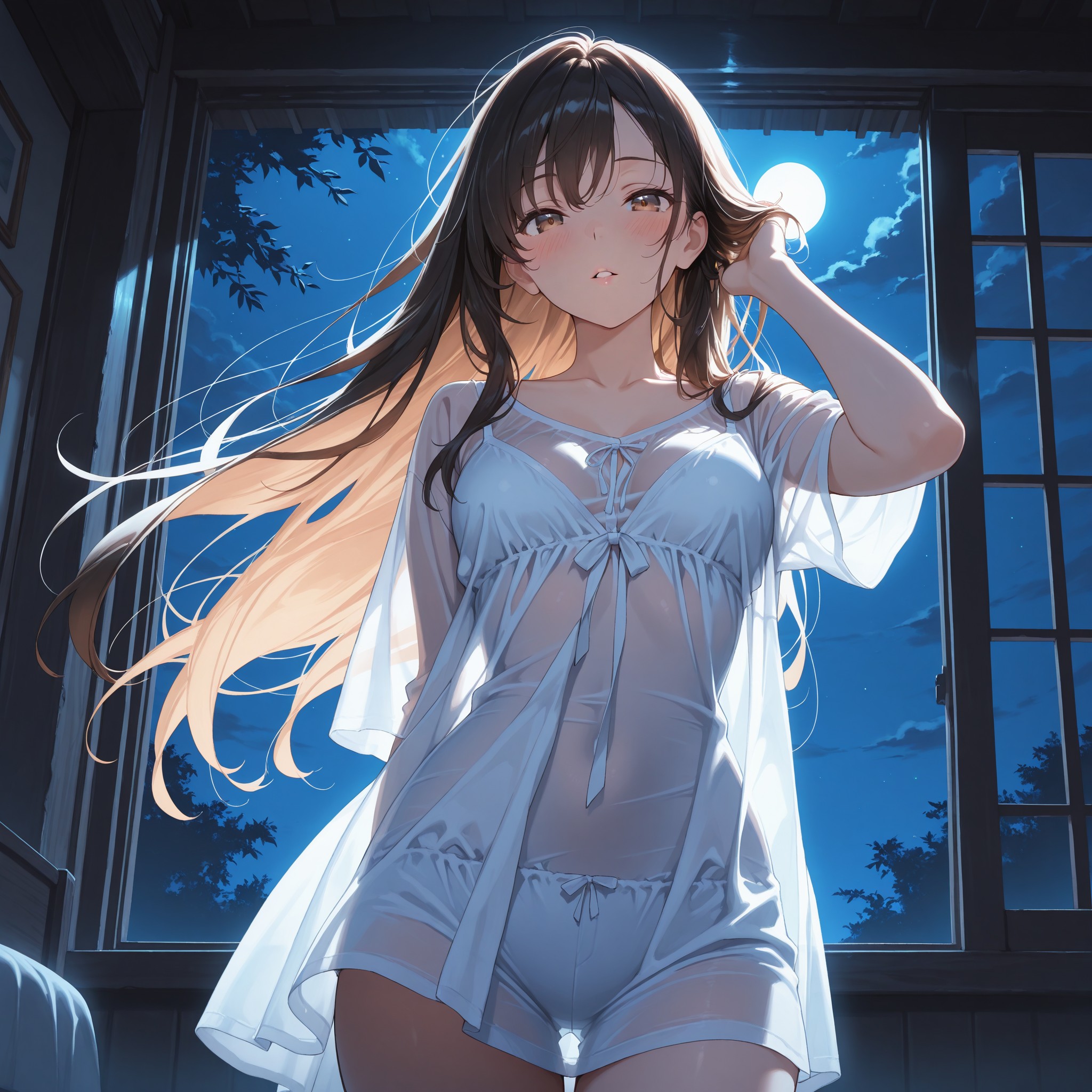 parted lipsとbedroom eyesの王道セクシー複合表情。heavy eyelidsを加えることでアンニュイな色気が一段階上がる。backlightingとmoonlightのライティング掛け合わせで表情の陰影を際立たせている