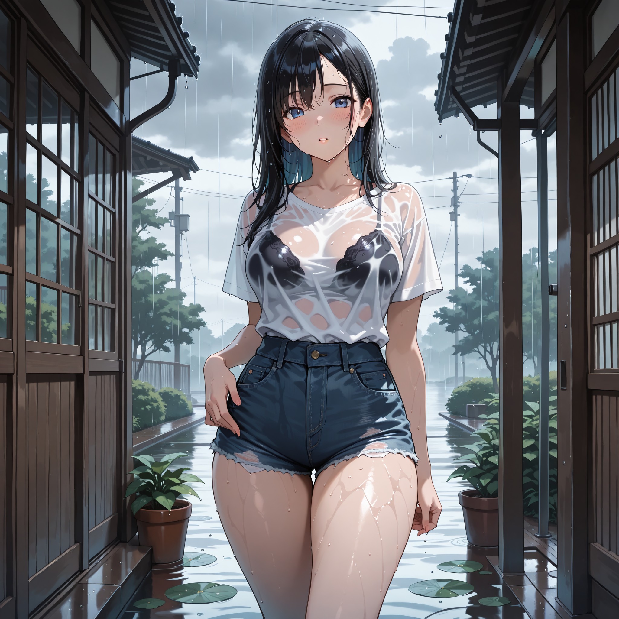 雨に濡れた白シャツが肌に張り付き、体のシルエットが浮かび上がるシチュエーション。wet clothes＋clinging clothesの組み合わせで布が体に密着する質感を再現。デニムショートパンツとの対比で太もものラインも強調する構成