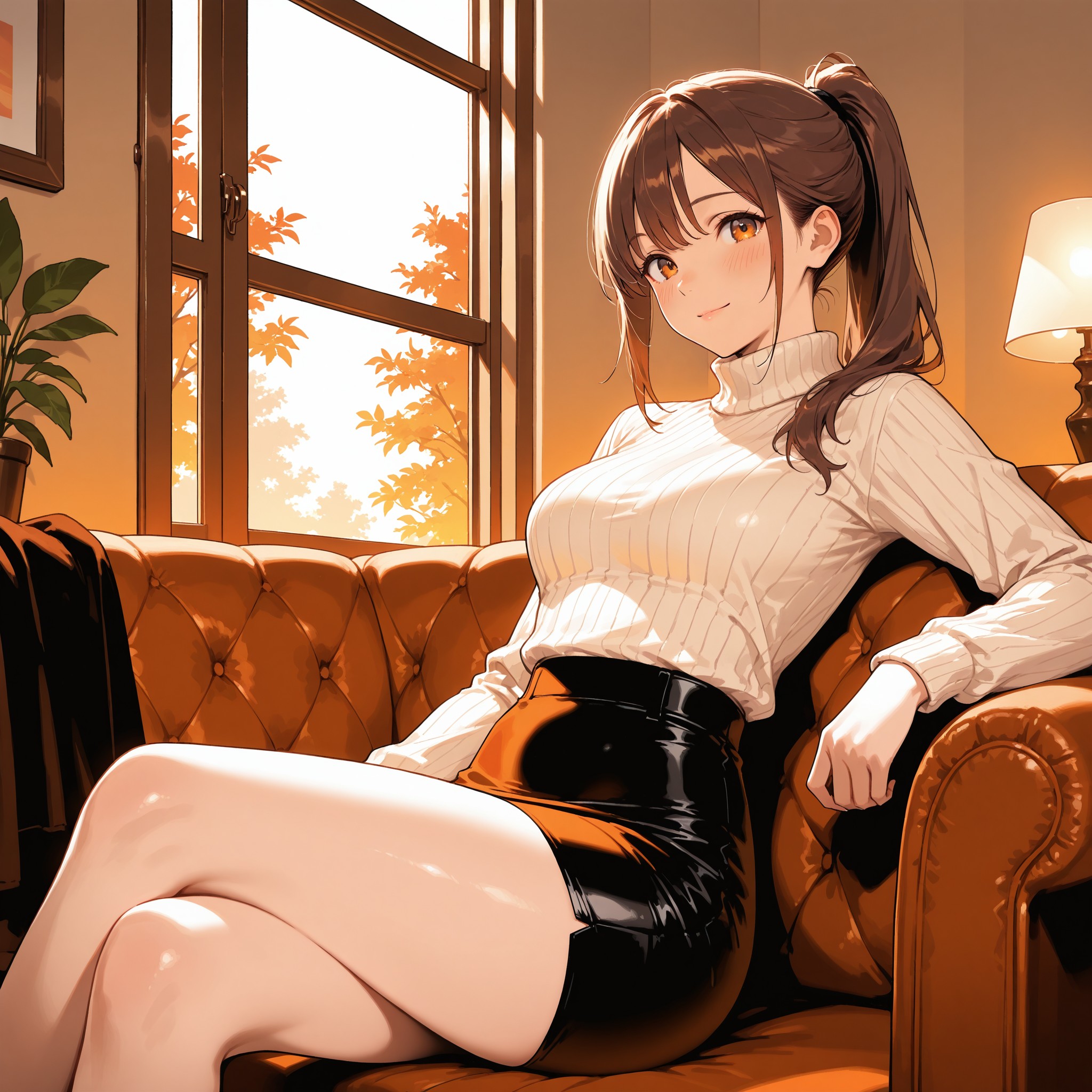 リブ編みのタートルネックニットが上半身のラインに沿って体型を浮き彫りにする一枚。タイトなニット素材＋ペンシルスカートの組み合わせで、座りポーズでも崩れないウエスト〜ヒップラインの強調法を紹介。足を組むことで太もものボリューム感も演出