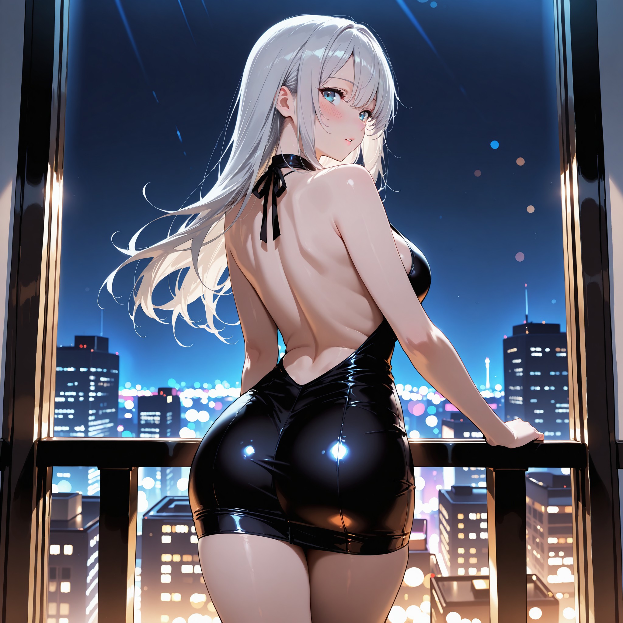 逆光（バックライト）とボディコンドレスの組み合わせで、体の輪郭をシルエットとして浮かび上がらせるテクニック。rim lightingタグで体の縁に光の線が走り、ウエスト〜ヒップのくびれを劇的に演出。振り返りポーズで背中のラインも見せる構図