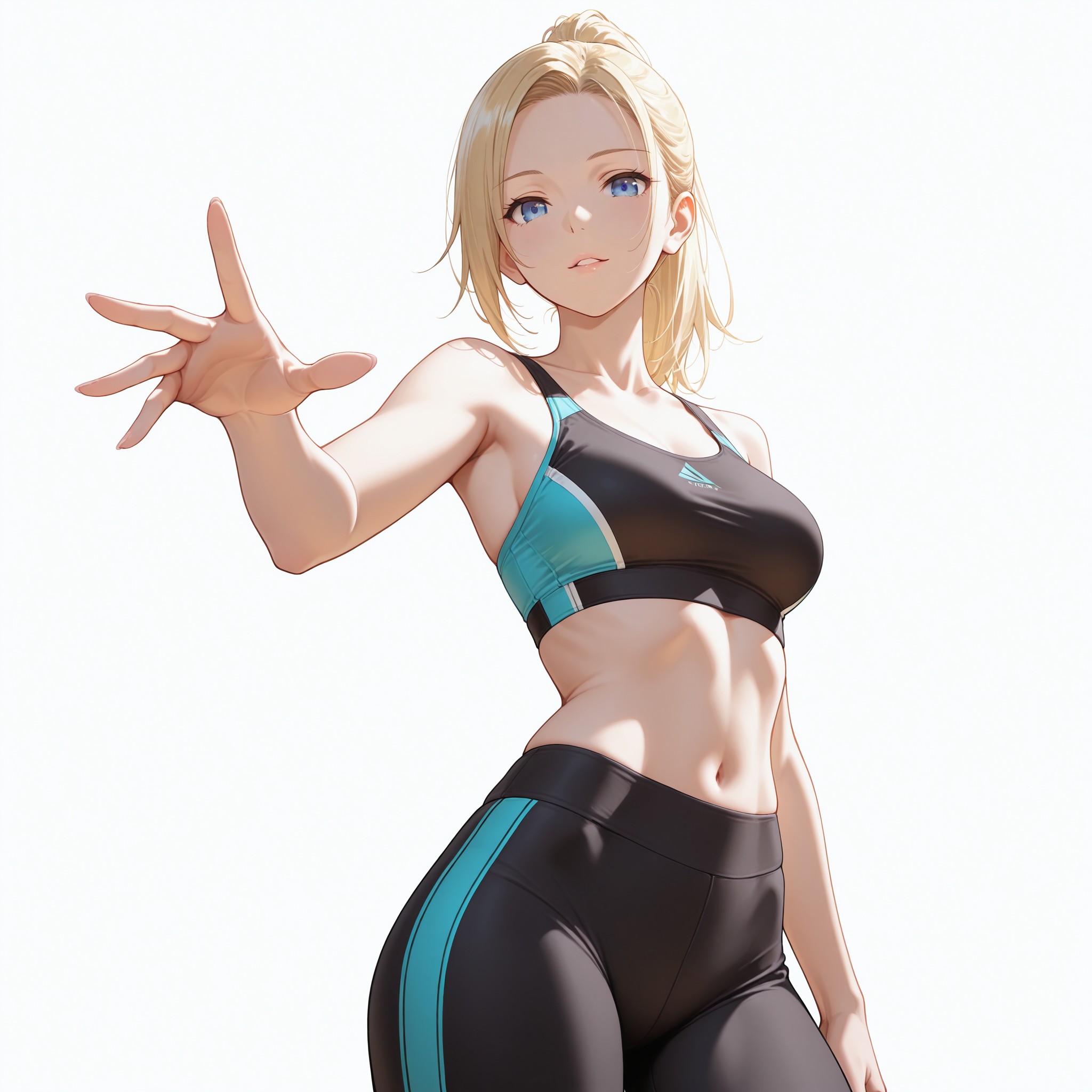 スポーツブラ＋ヨガパンツのアスレジャースタイルで、ストレッチポーズによりミドリフ（お腹周り）のラインを自然に見せる構成。ローアングル（from below）で脚長効果を出しつつ、腕を上げることでウエストの引き締まりと鎖骨ラインを同時に強調するテクニック