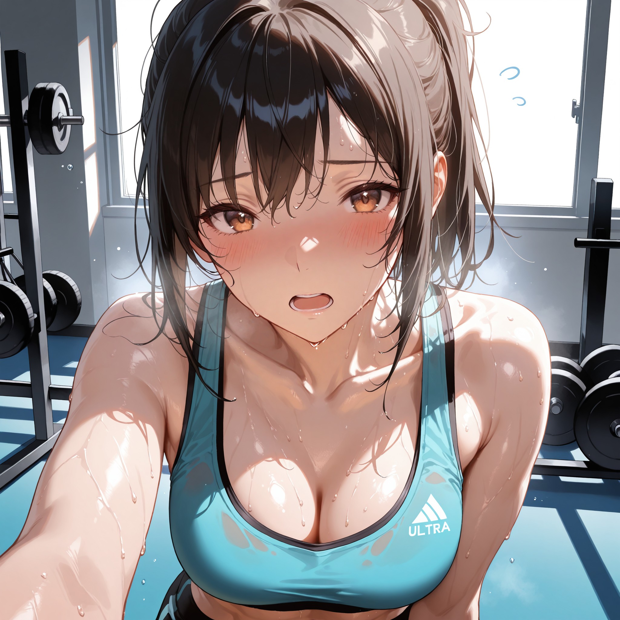 【パターン2：運動後の汗】sweat・sweating・sweat dropsの汗タグ三種盛り。ワークアウト後のジムシーンで、肌に張り付く髪の毛や息切れ表情と合わせ、リアルな汗ばみ肌を表現。スポーツウェアで健康的なセクシーさを演出。