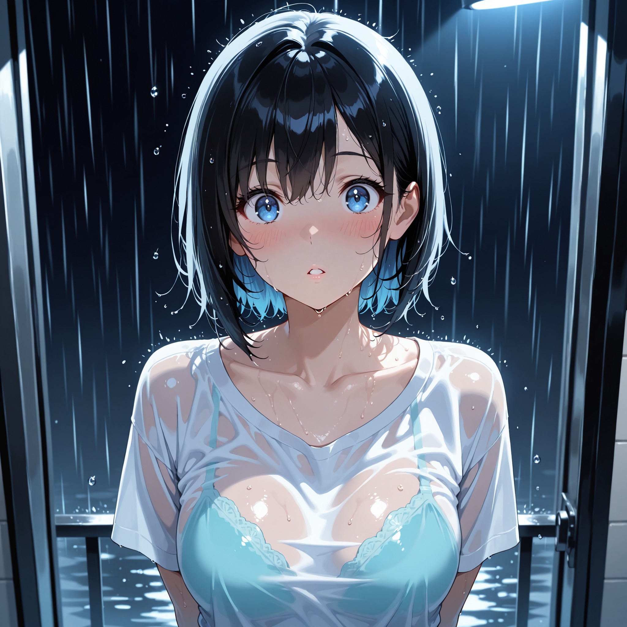 【パターン3：雨濡れ肌】wet・water dropletsに加えrain環境タグを組み合わせた濡れ肌表現。白シャツの透け感と肌に残る水滴のきらめきを、下からのアングルとドラマチックなライティングで際立たせる。