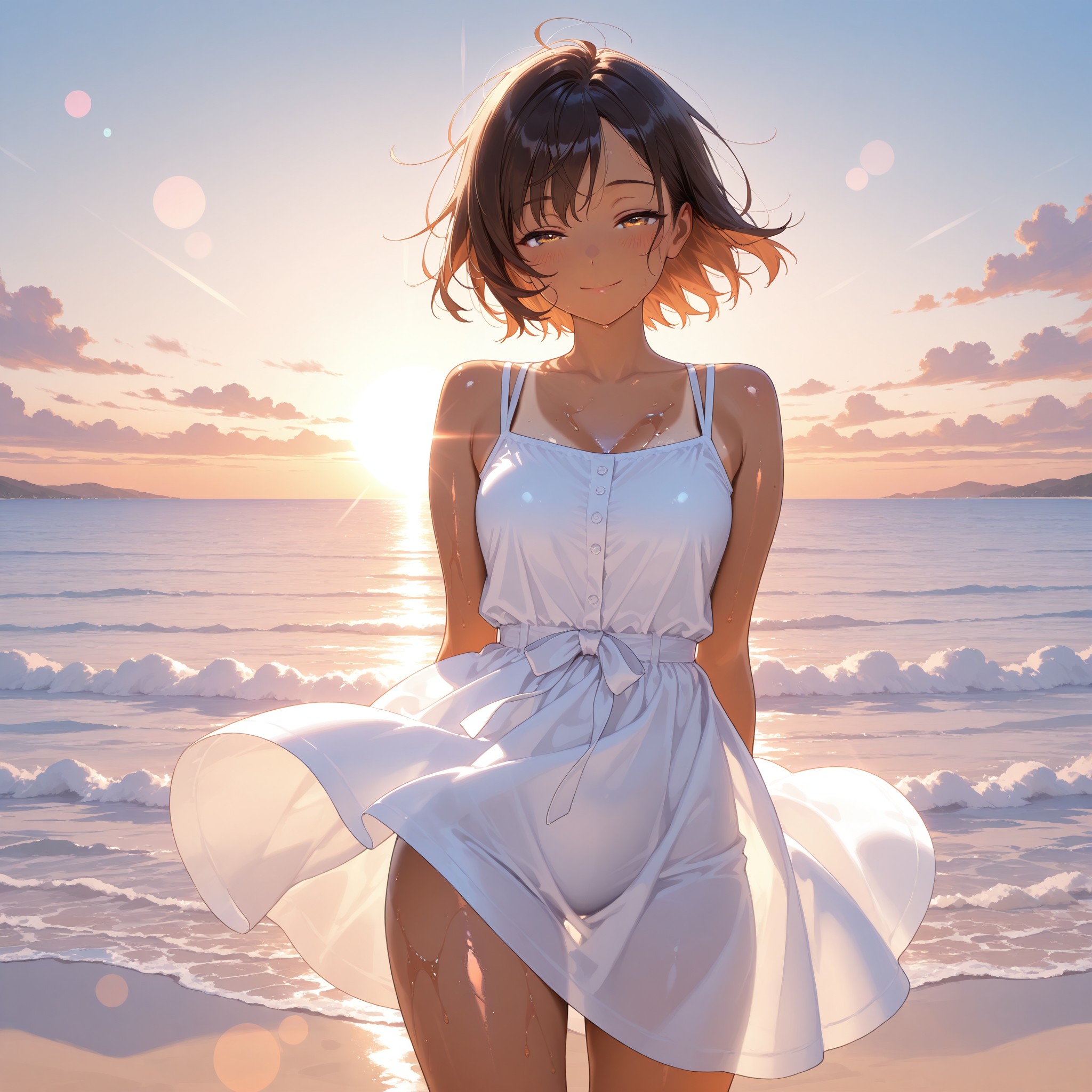 【パターン4：オイリー光沢肌】oily skin・shiny skin・body oilのオイル系タグで夏のビーチシーン。ゴールデンアワーの逆光と日焼け肌タグを掛け合わせ、肌表面のぬめりのある光沢感を最大化。自信に満ちた表情で大人っぽいセクシーさ。