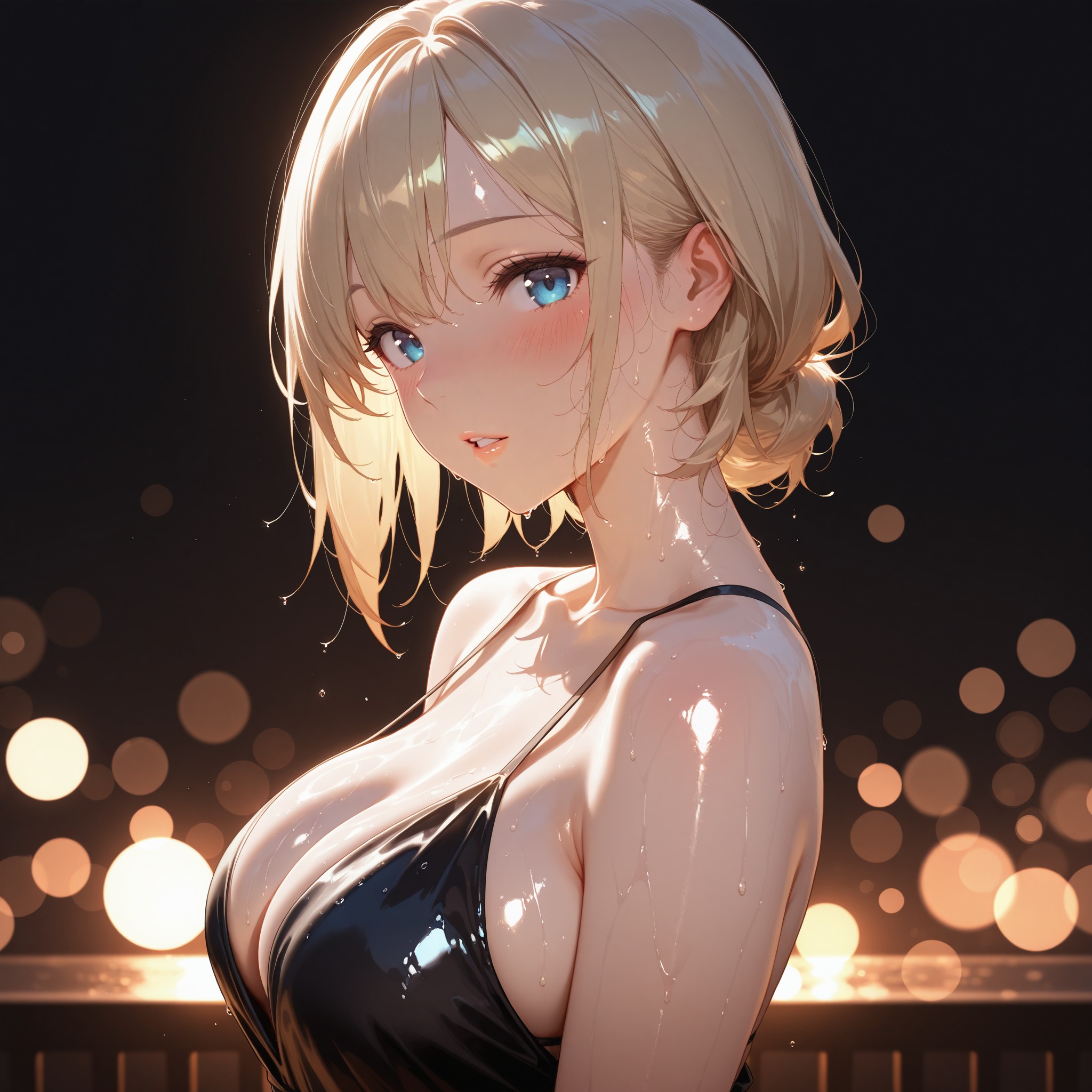 【パターン5：全部盛り】glossy skin＋sweat＋glistening skin＋wet skinの質感タグを同時投入した最大効果検証。シネマティックなリムライティングとブラックドレスの組み合わせで、肌のハイライトとテクスチャを極限まで引き出す。流し目とパーテッドリップで色気を添える。