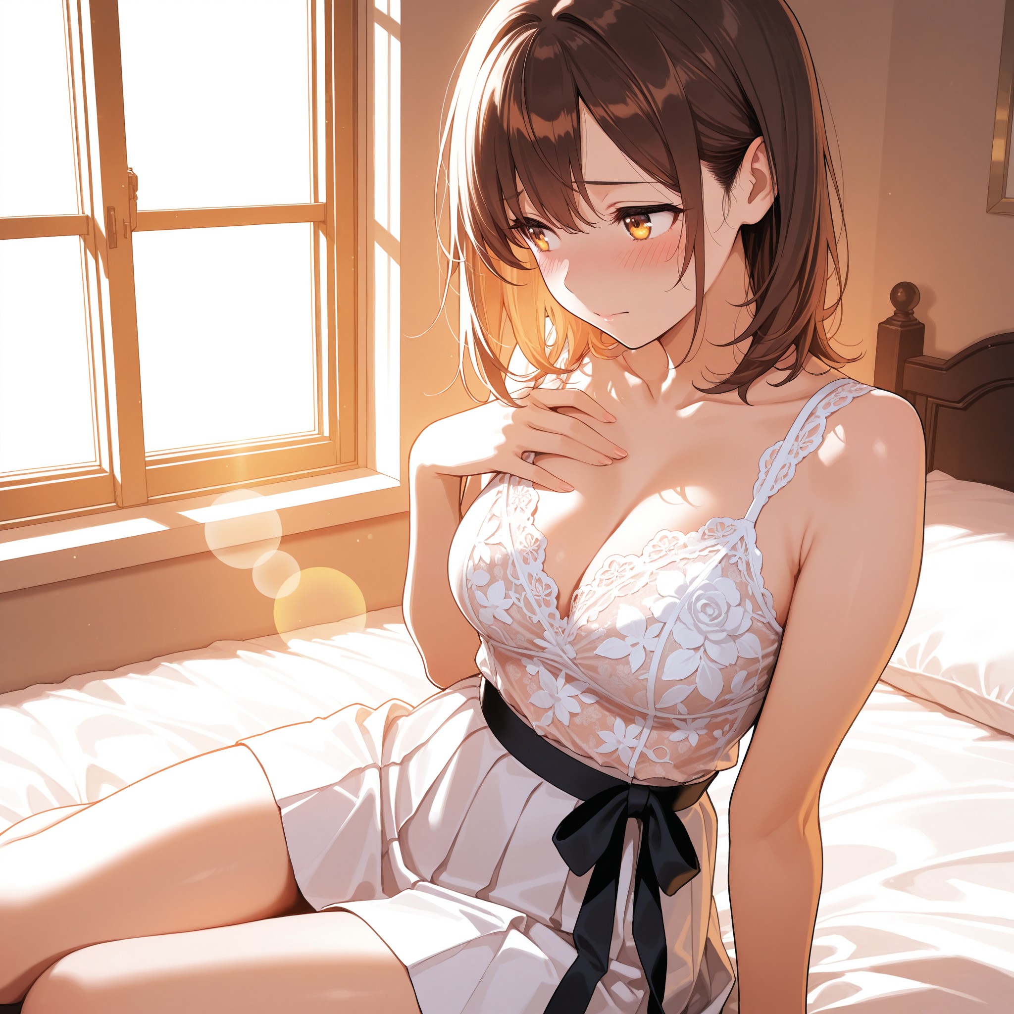 朝の窓辺でレースブラウスを纏った少女。レース素材の繊細な花柄の隙間から肌がほんのり透け、朝陽のやわらかい逆光がその透け感を上品に際立たせる。恥じらいの表情と胸元に添えた手が清楚な色気を醸し出す。