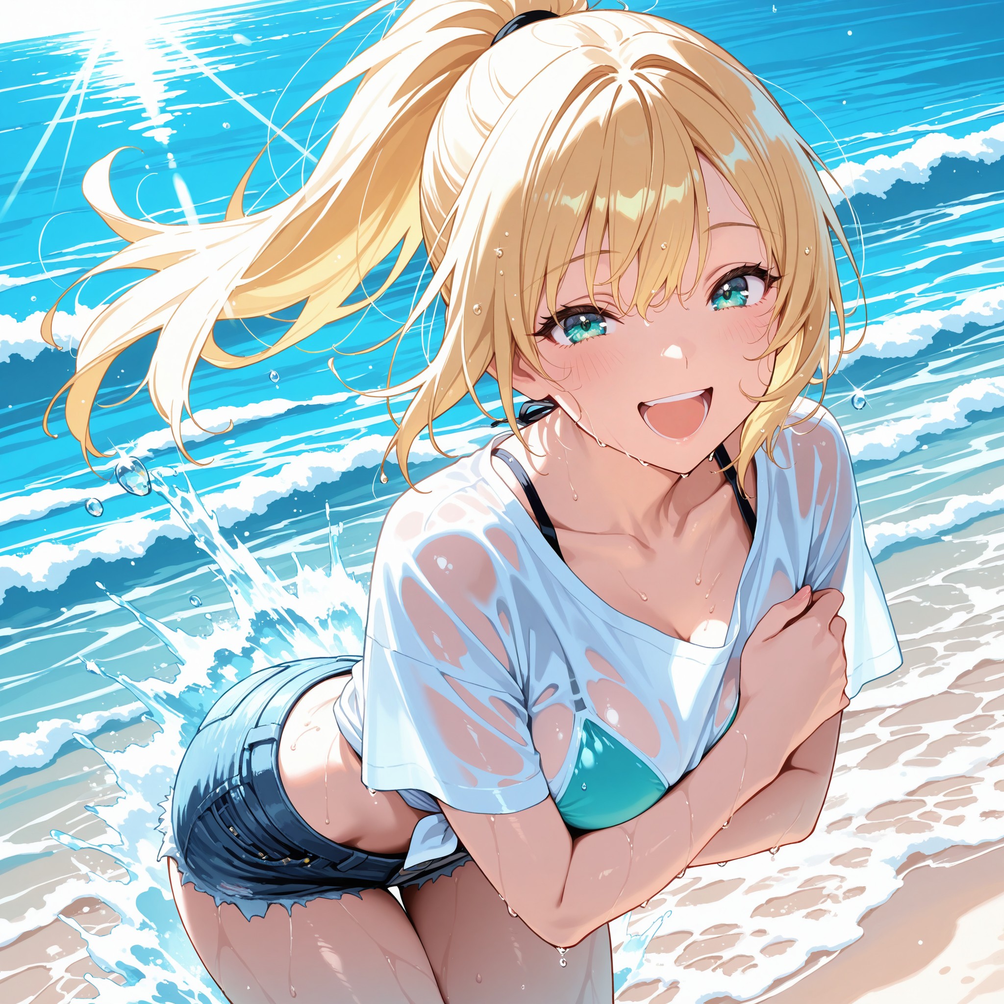 波打ち際で水しぶきを浴びた白コットンシャツ。コットンは濡れると一気に透明度が増し、肌の色がうっすら透ける王道の濡れ感表現。夏の強い日差しと水飛沫のきらめきが爽やかさとセクシーさを両立させる。