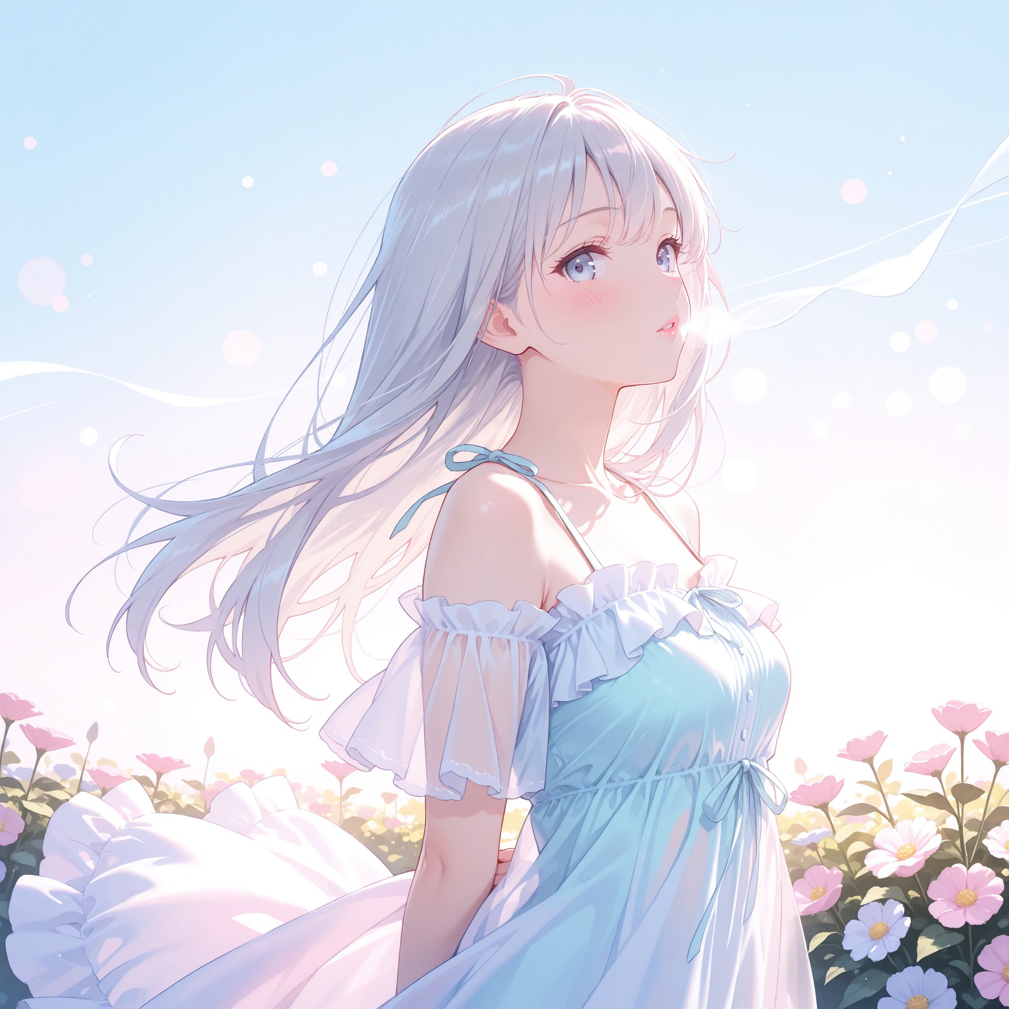 風に舞うシフォンブラウスの多層透け感。シフォン素材は重なりの枚数で透け具合が変わるのが特徴で、風で生地がなびく瞬間に一枚分の薄さが際立つ。花園を背景にしたパステル調の幻想的な雰囲気が儚げな色気を生む。