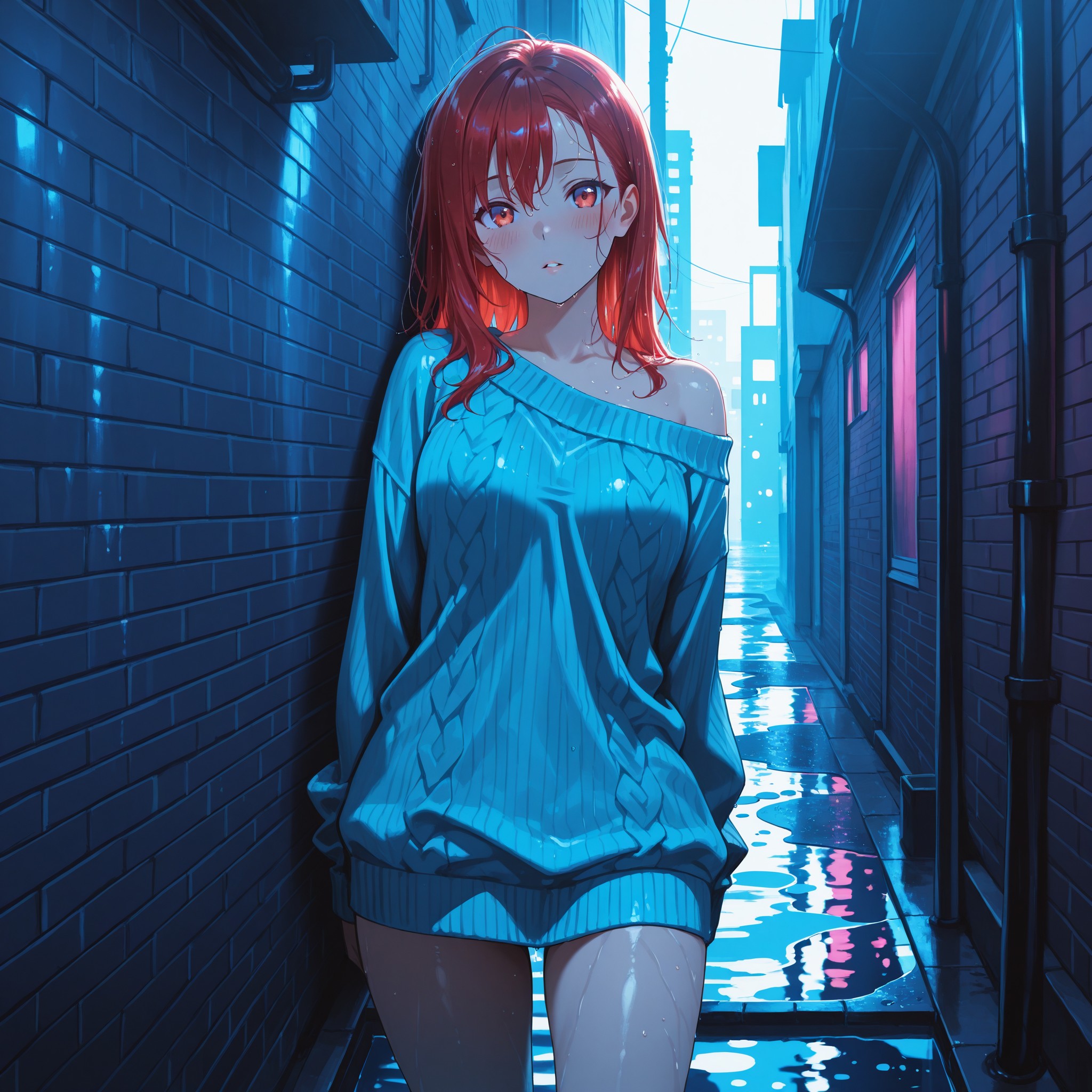 雨上がりの路地裏で濡れたニットセーターを着た少女。ニット素材は水を含むと重みで体に密着し、普段はゆるいオーバーサイズでもボディラインがくっきり浮き出る。ブルーアワーの薄暗い光と水たまりの反射が退廃的なムードを演出。