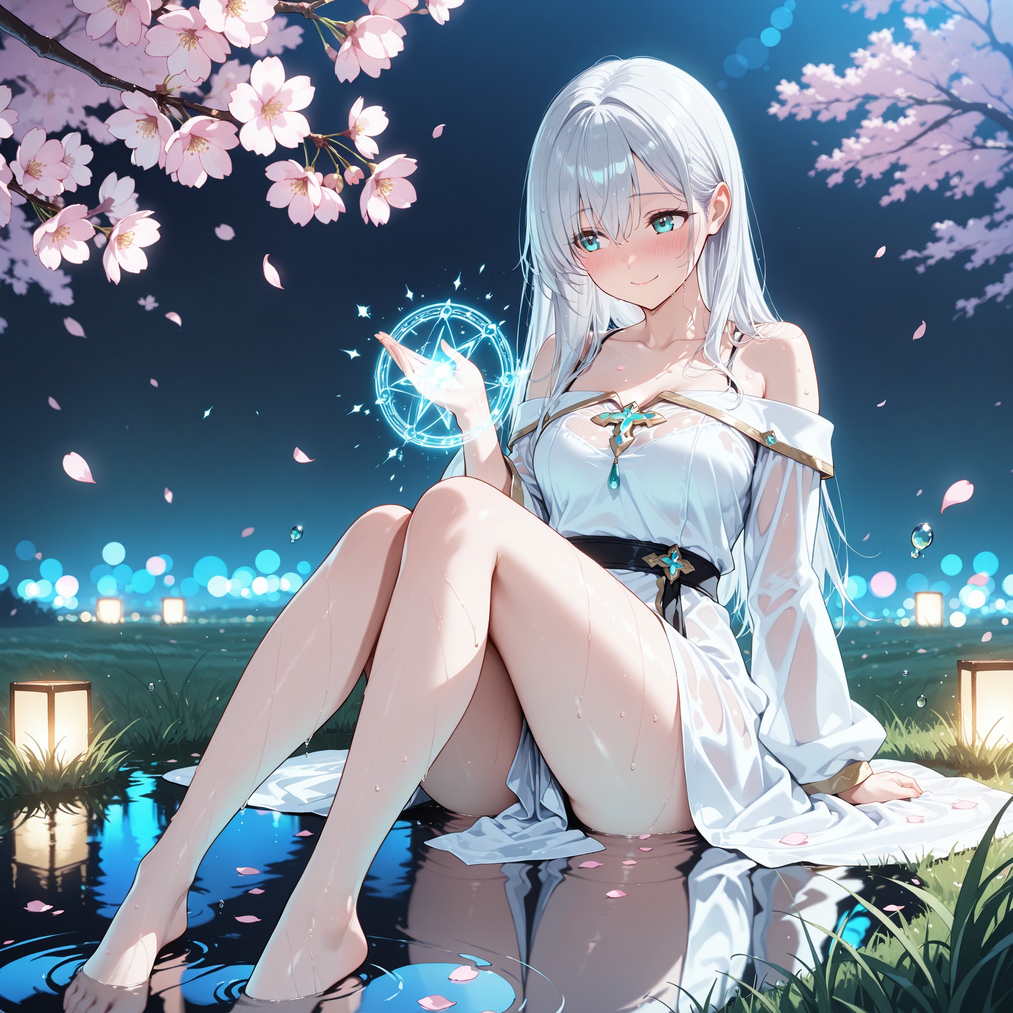 【場面2：濡れた法衣と桜の花びら】自らの回復魔法を使おうとしたリーゼルだが、夜露で濡れた地面に座り込んでしまい、白い法衣が水を吸って肌に張り付いてしまう。さらに風に舞った桜の花びらが汗ばんだデコルテや太ももに貼りつき、思わず恥じらいの表情を浮かべる。手元から溢れる青い魔力の光が透けた衣越しに肌を照らし、幻想的でありながらドキッとするほど色っぽい瞬間。月明かりとネオンのバックライトが濡れた肌の質感を際立たせる。