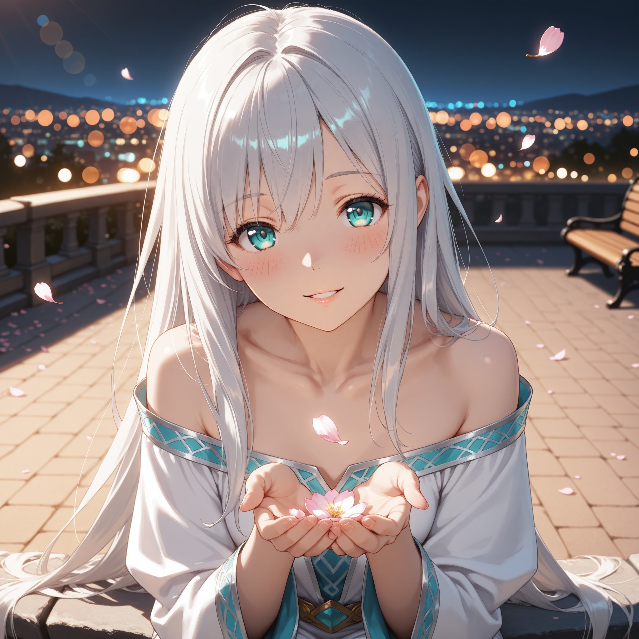 【場面3：包容の微笑み】癒やしの魔力で体力を回復させたリーゼルが、こちらに手を差し伸べながら穏やかに微笑む。『あなたも…疲れているのでしょう？』——その包容力に満ちた眼差しと、緩んだ法衣の隙間から覗く柔らかな肌のラインが、観る者の心を溶かす。髪に桜の花びらが絡み、金と青の魔力のオーラが彼女を包む。ネオンの冷たい光と魔力の温かい光が混ざり合い、まるで異世界と現実の境界が曖昧になったかのような親密な空間。読者に向けられた視線が『救世主に癒やされる』体験を演出するクライマックスカット。