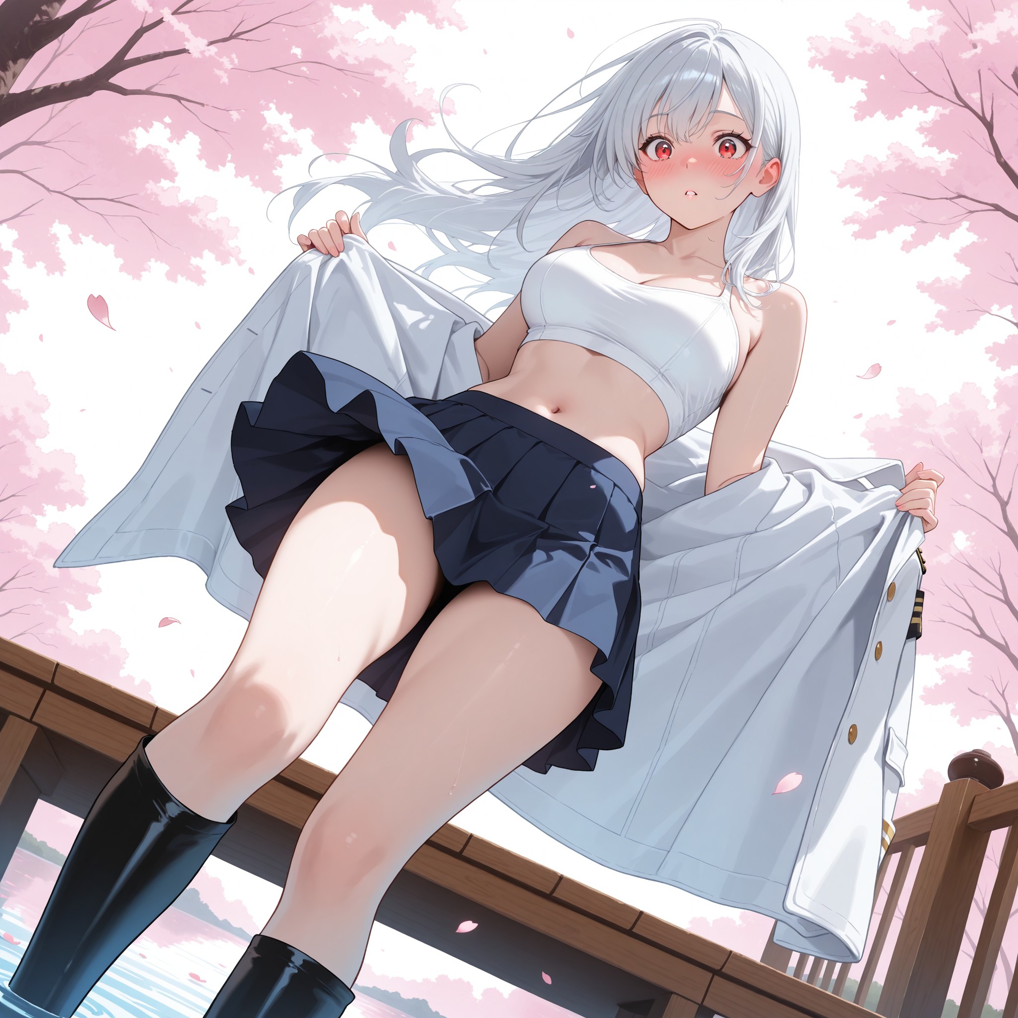 【第2場面：春の突風が暴く秘密】観光客の前で堂々と案内していた凛を、芦ノ湖特有の春の突風が襲う。提督コートが大きく翻り、中に隠していた白いホルタートップとネイビーのミニスカートという大胆すぎる航海士衣装が一瞬で露わに。慌ててコートの前を押さえようとするが、風の勢いに勝てず、へそや鎖骨、太もものラインが惜しげもなく晒される。ローアングルから見上げる構図で、コートの動的なはためきとボディラインの対比を強調した決定的瞬間。