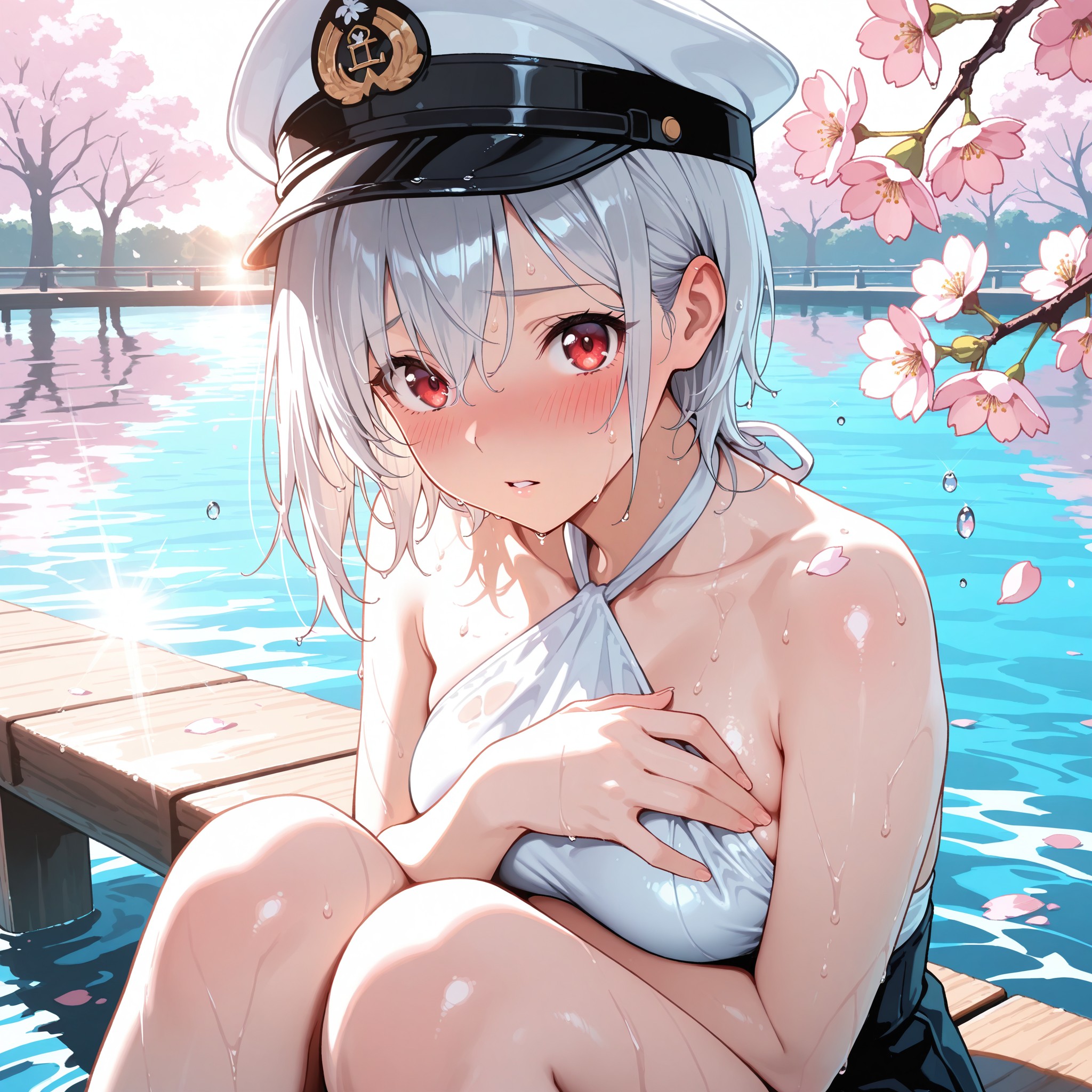 【第3場面：湖のしぶきと濡れた恥じらい】コートを風に飛ばされまいと追いかけた凛が、桟橋の端で湖のしぶきを全身に浴びてしまうクライマックス。薄手の白いホルタートップが濡れて肌に張り付き、鎖骨や肩のラインがくっきりと浮かび上がる。桟橋の端に座り込み、片腕で胸元を隠しながら恥ずかしそうにこちらを見上げる凛。濡れた銀髪が頬や首筋に張り付き、肌の上の水滴が夕陽の逆光でキラキラと輝く。提督帽だけが辛うじて頭に残り、恥じらいと色気が同居する表情が印象的な一枚。