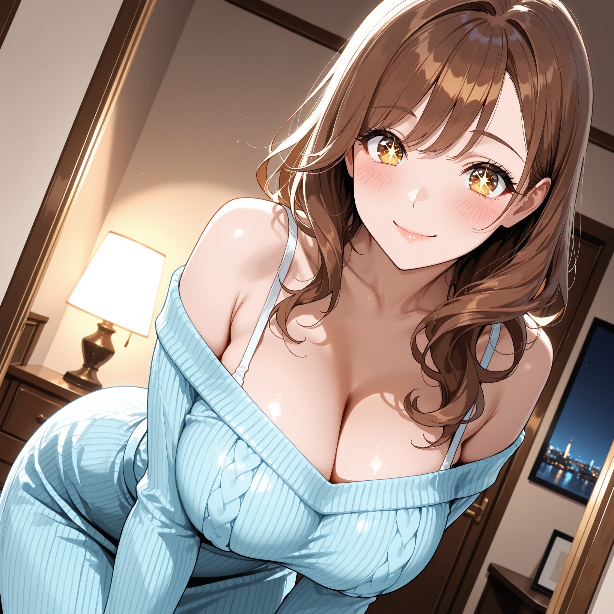 breasts squeezed with arms（腕で胸を寄せて谷間を強調）+ leaning forward（前傾）