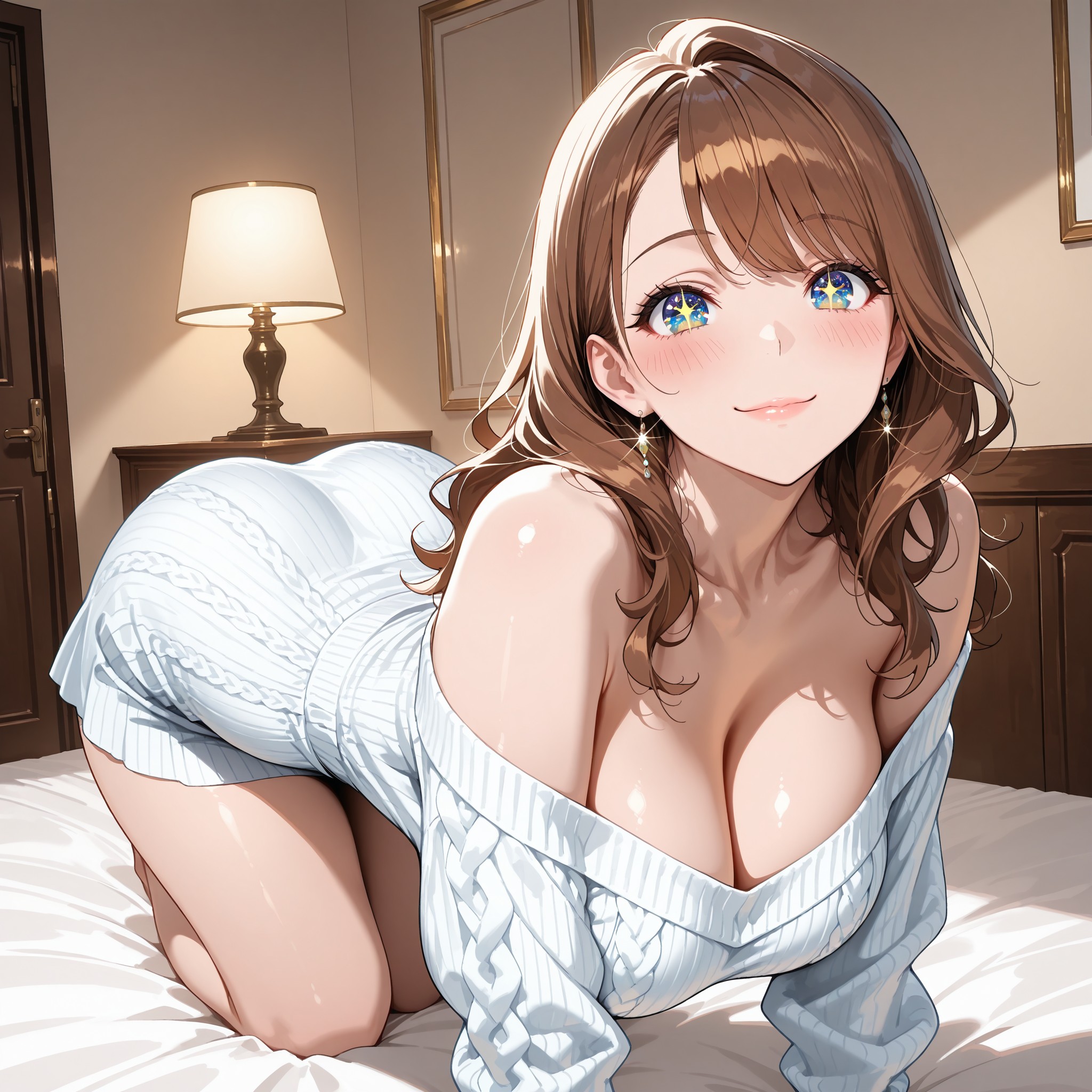 all fours（四つん這い）+ arched back（背中を反らす）+ looking up at viewer（上目遣い）