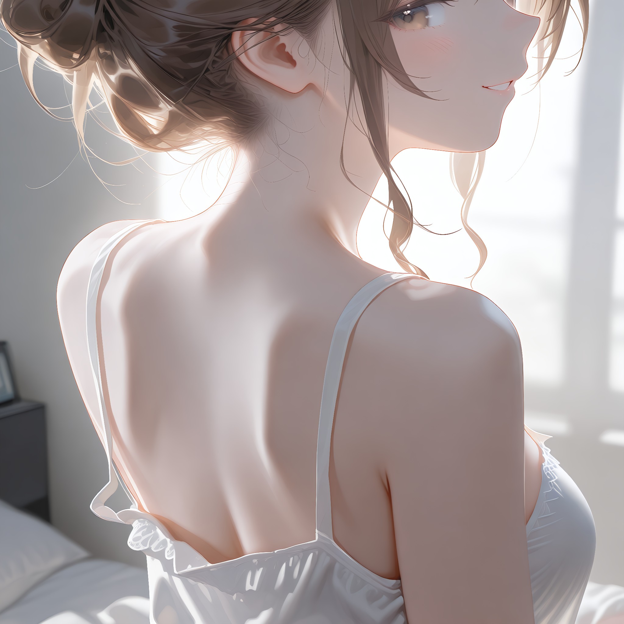 髪を上げたうなじ。露出ゼロでも艶っぽい。