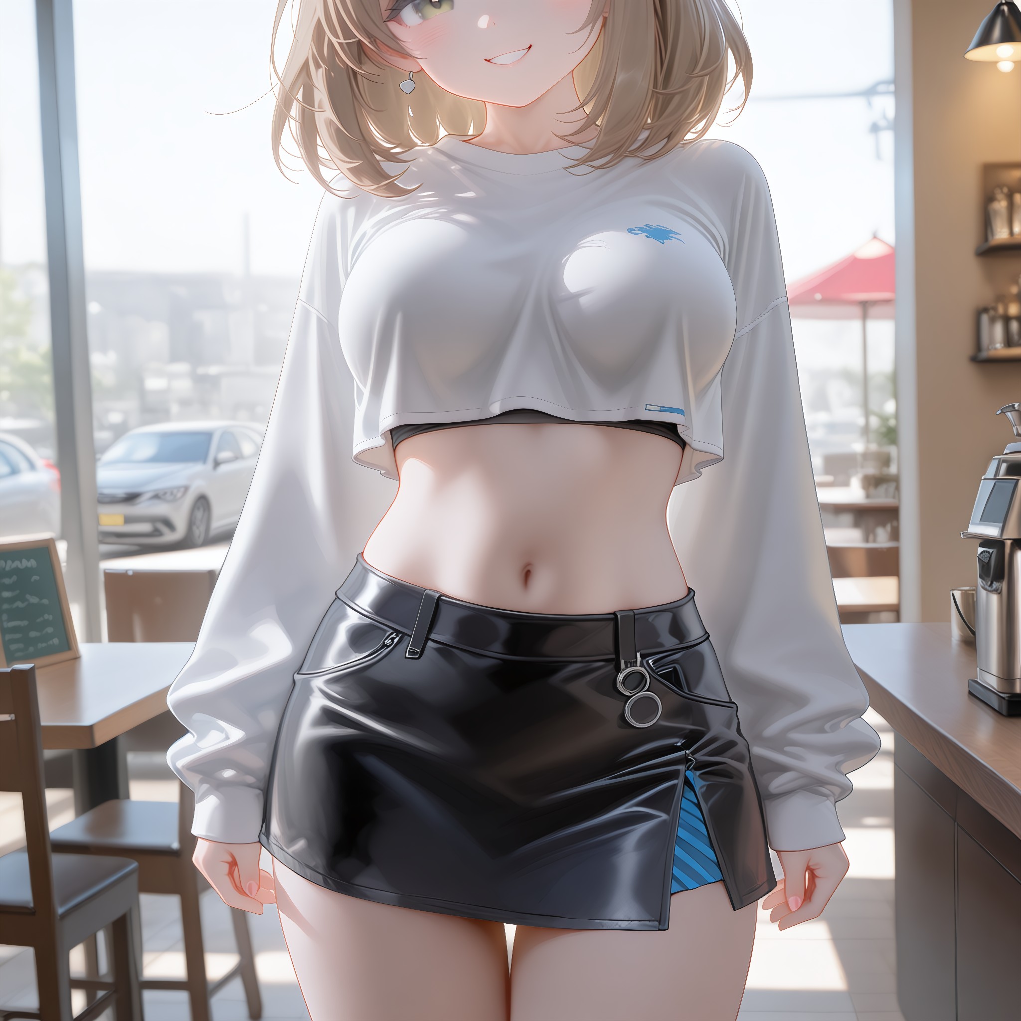 裾を上げたへそ出し。健康的なのに色っぽい王道。