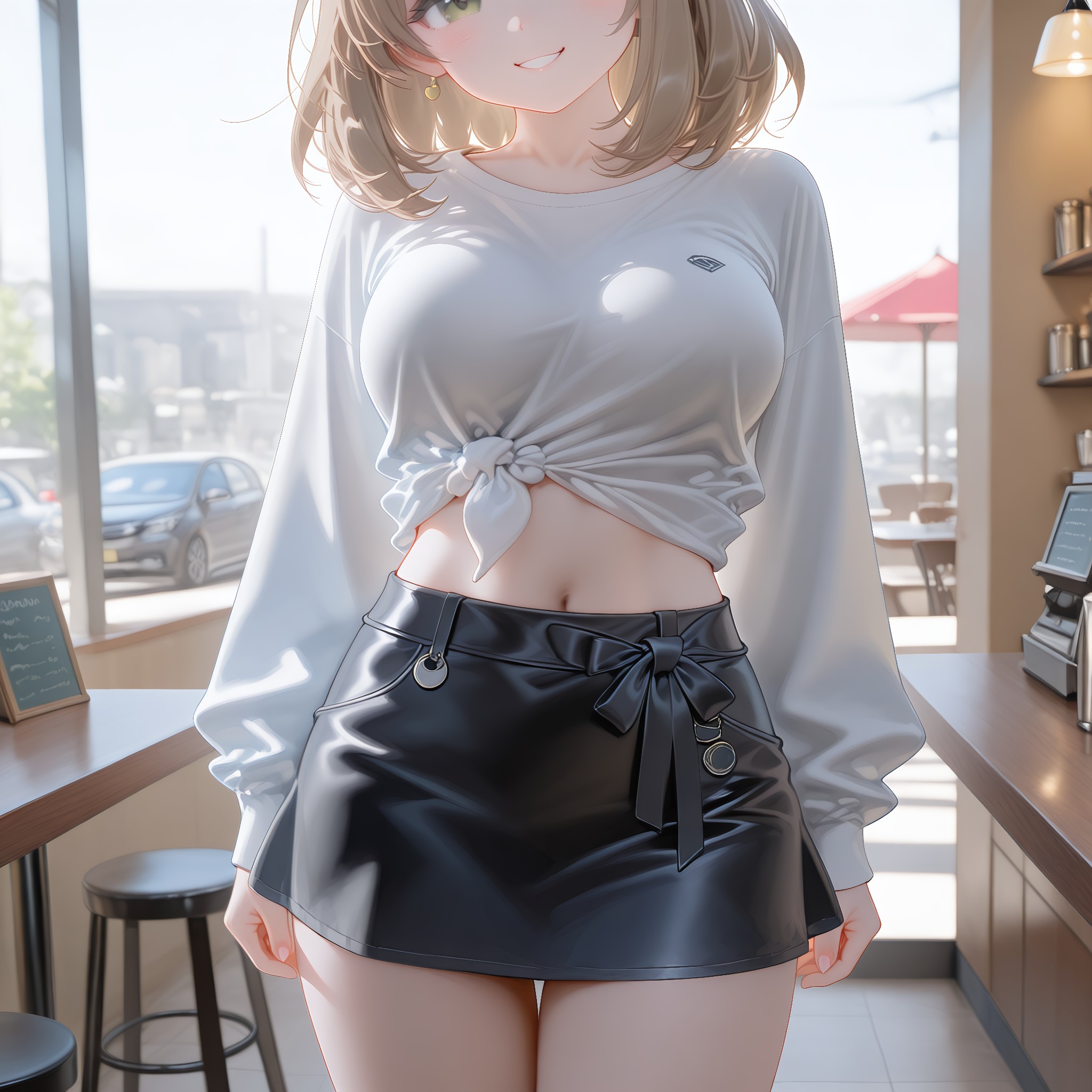 前で結んだ裾。カジュアルでこなれた抜け感。