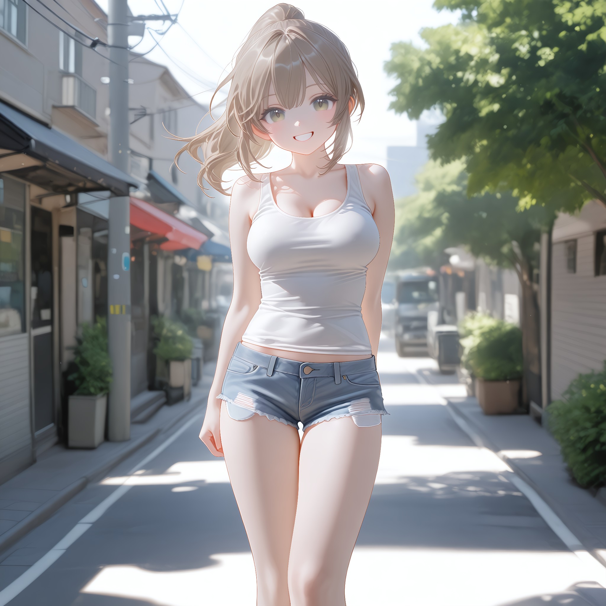脚の付け根まで見せる超ショート。攻めた脚色気。