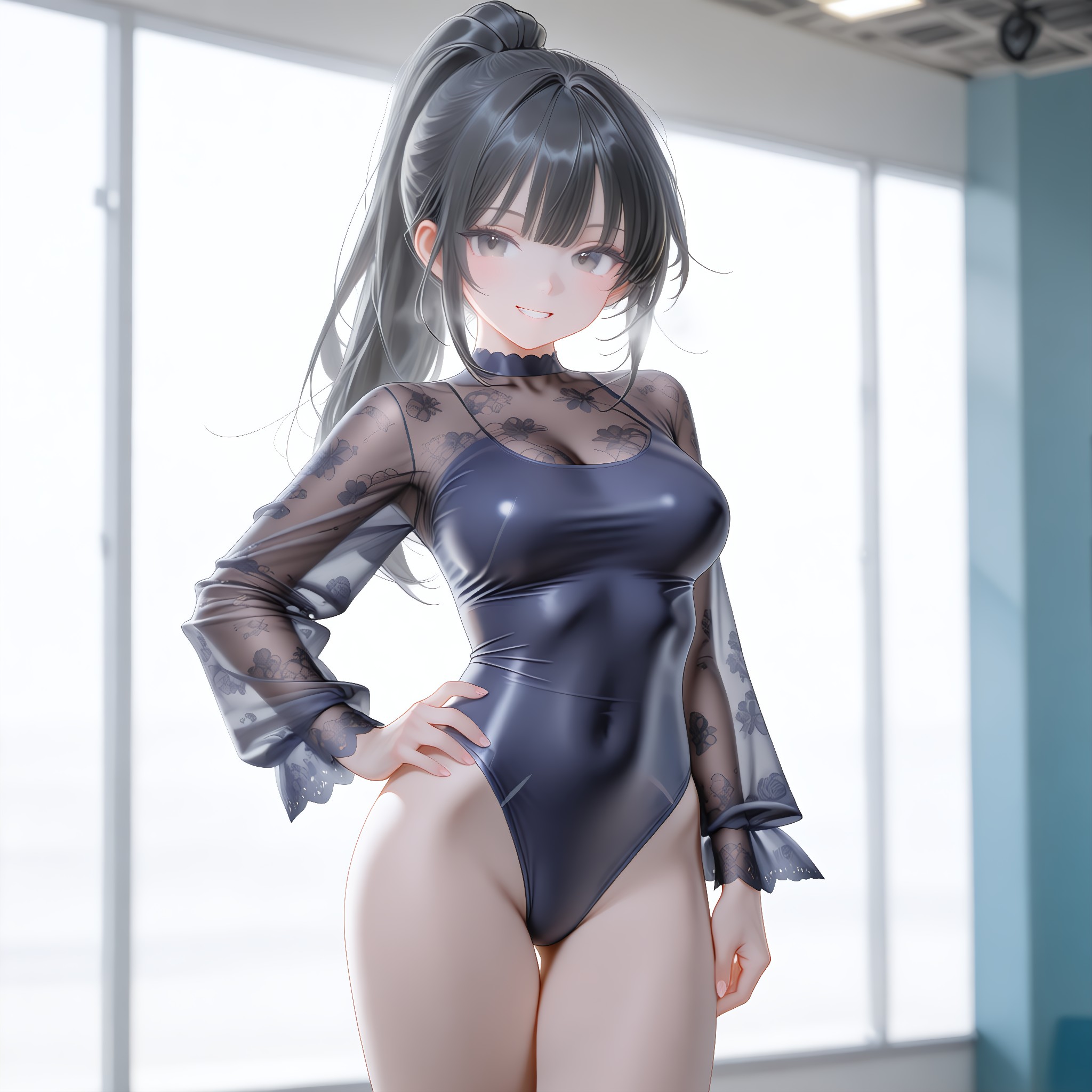 黒レース重ねのボディスーツ。陰影で魅せる妖艶。