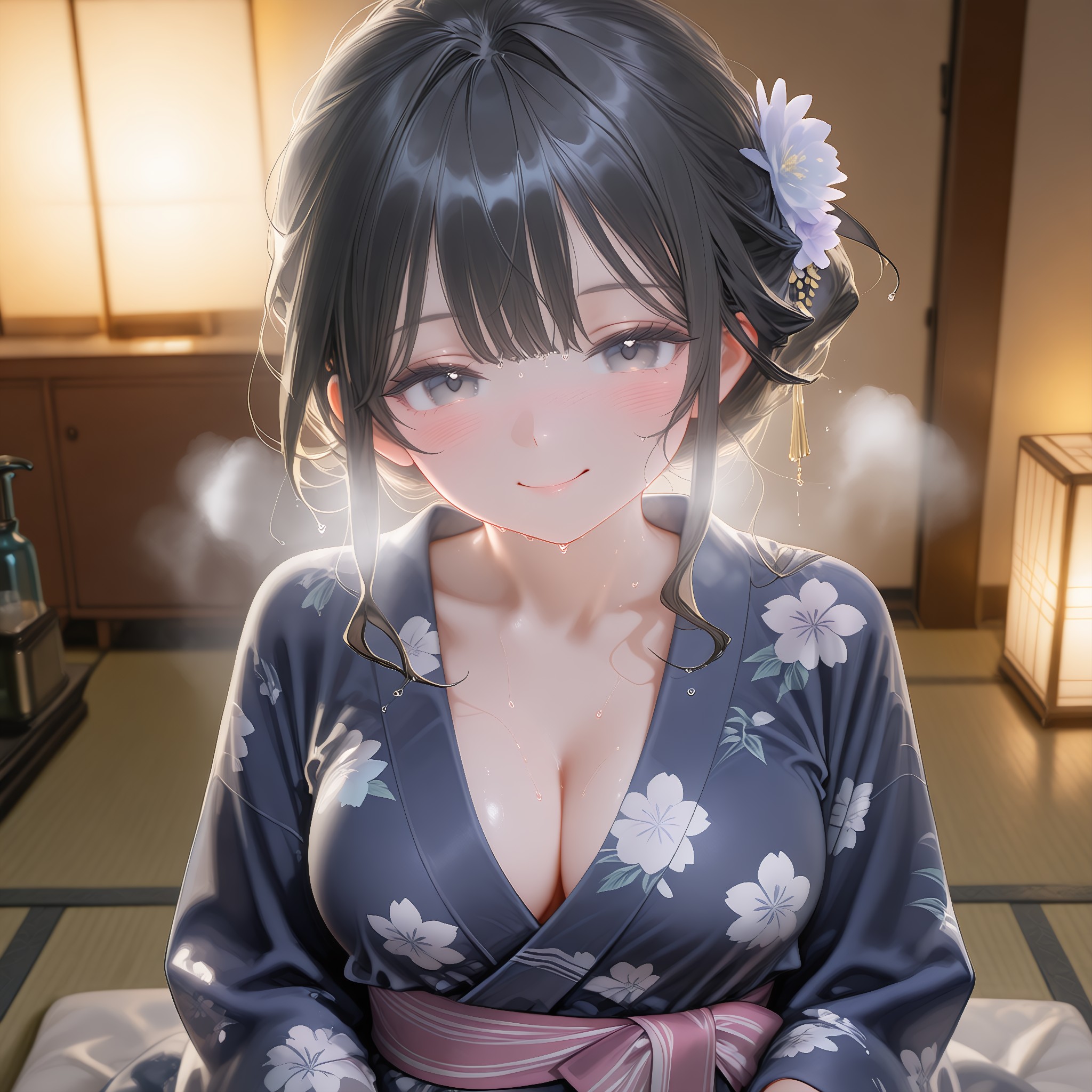 頬の火照りと濡れ髪。湯上がりの無防備な色香。
