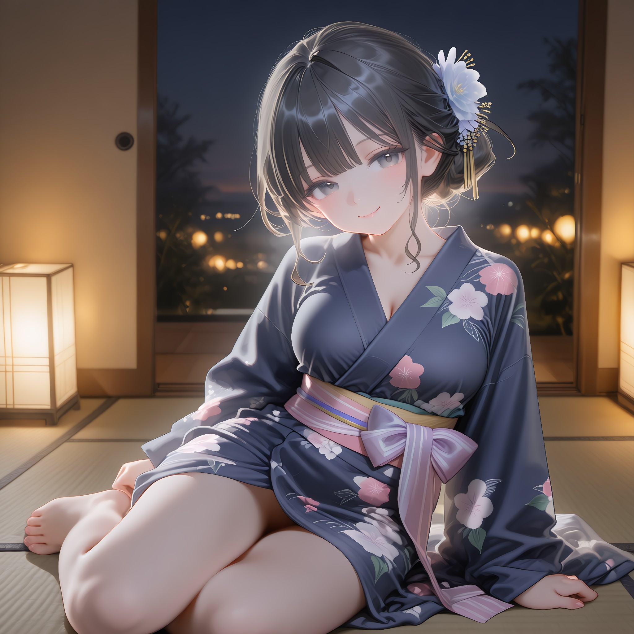 横座りで足首チラ。めくり過ぎない和の所作。