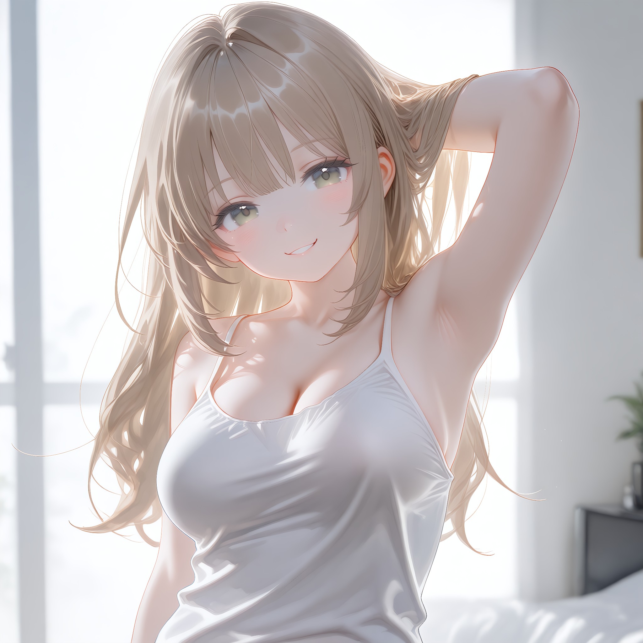 片腕を上げた腋チラ。さりげなく自然な色気。