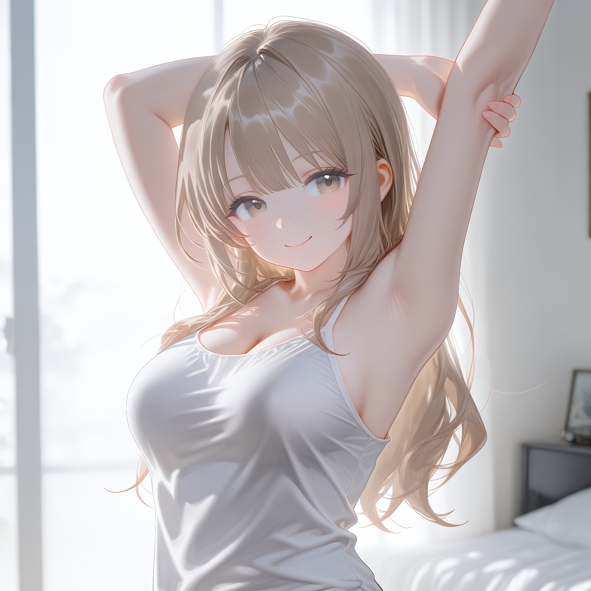 両腕を上げた伸びポーズ。両腋全開で開放的。