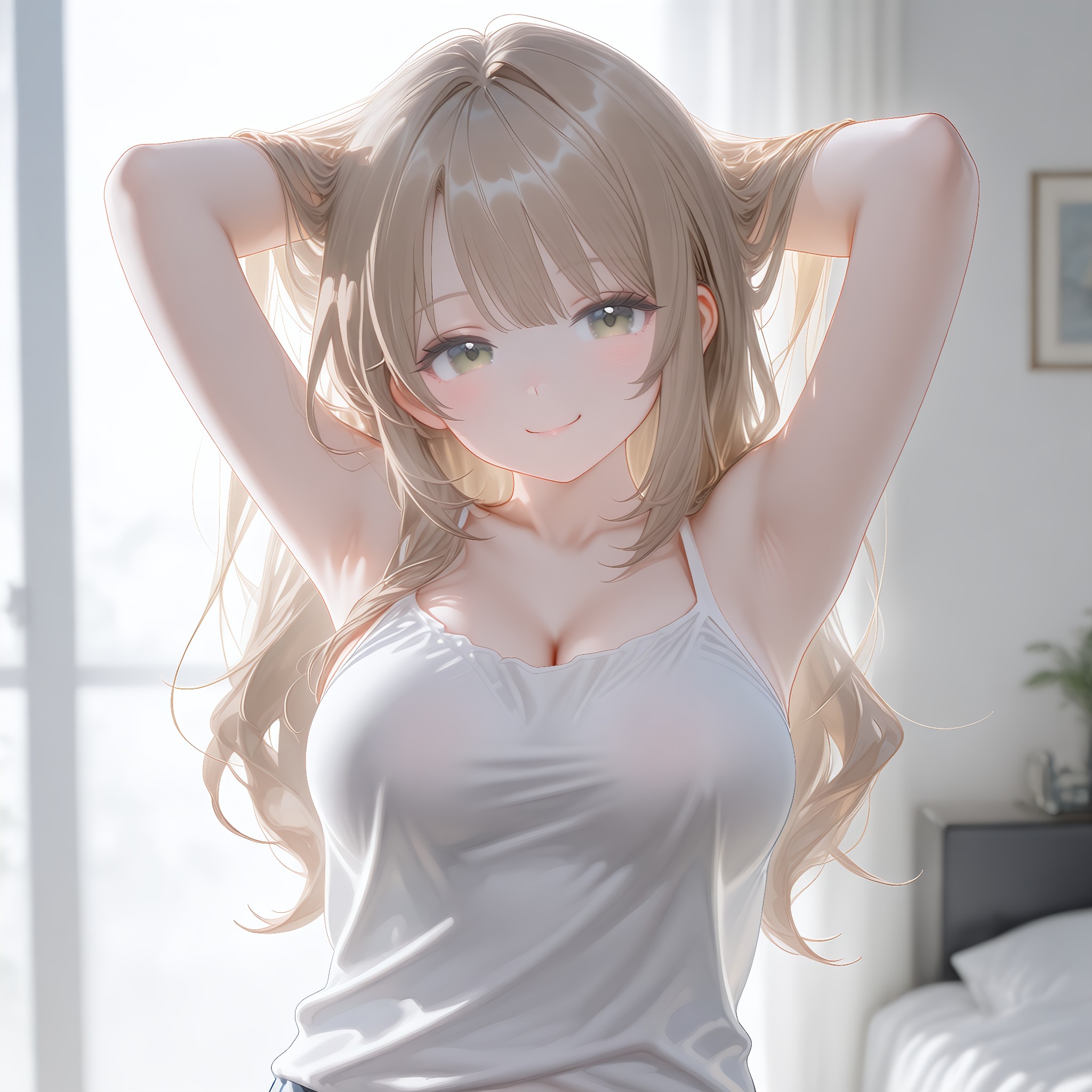頭の後ろで手を組む。余裕のある大人の腋見せ。