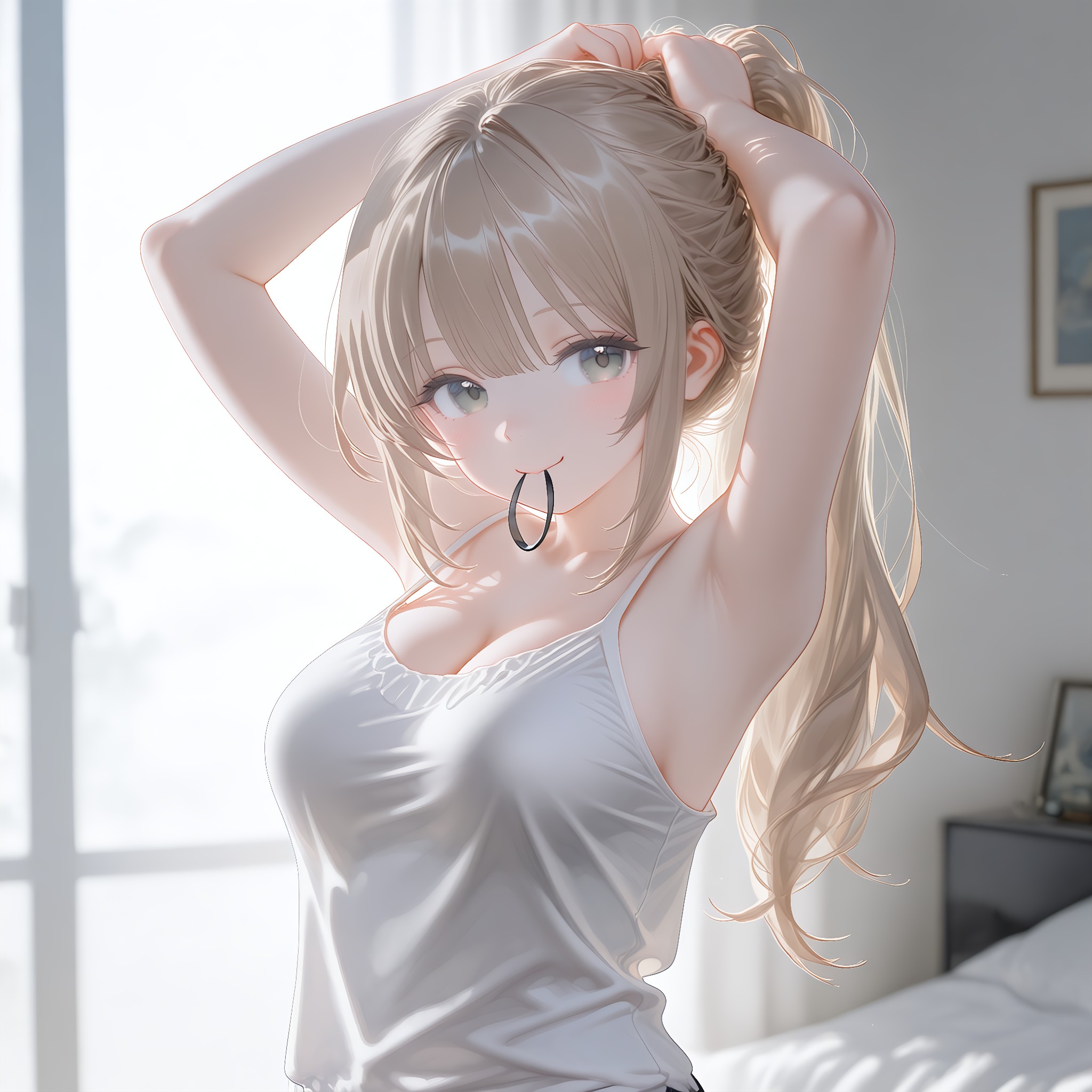 髪を結ぶ仕草。日常に潜む無意識の腋見せ。