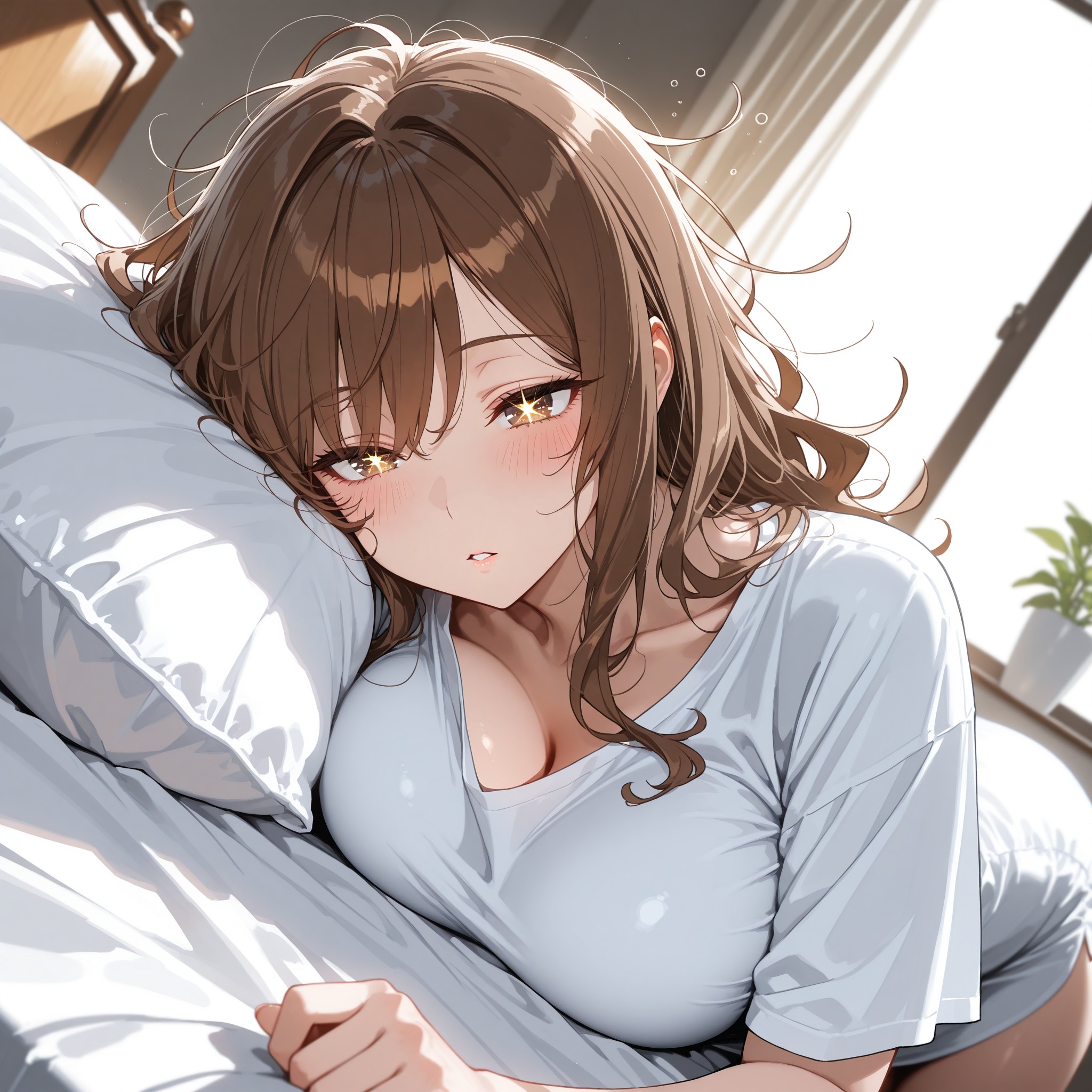 just woke up（寝起き）＋寝乱れ髪・ダボシャツ・朝の光