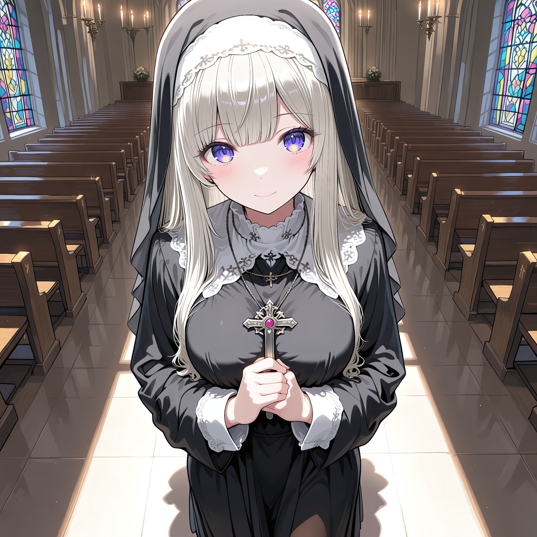 大きなクロスを胸元に。服を開けずに視線誘導。