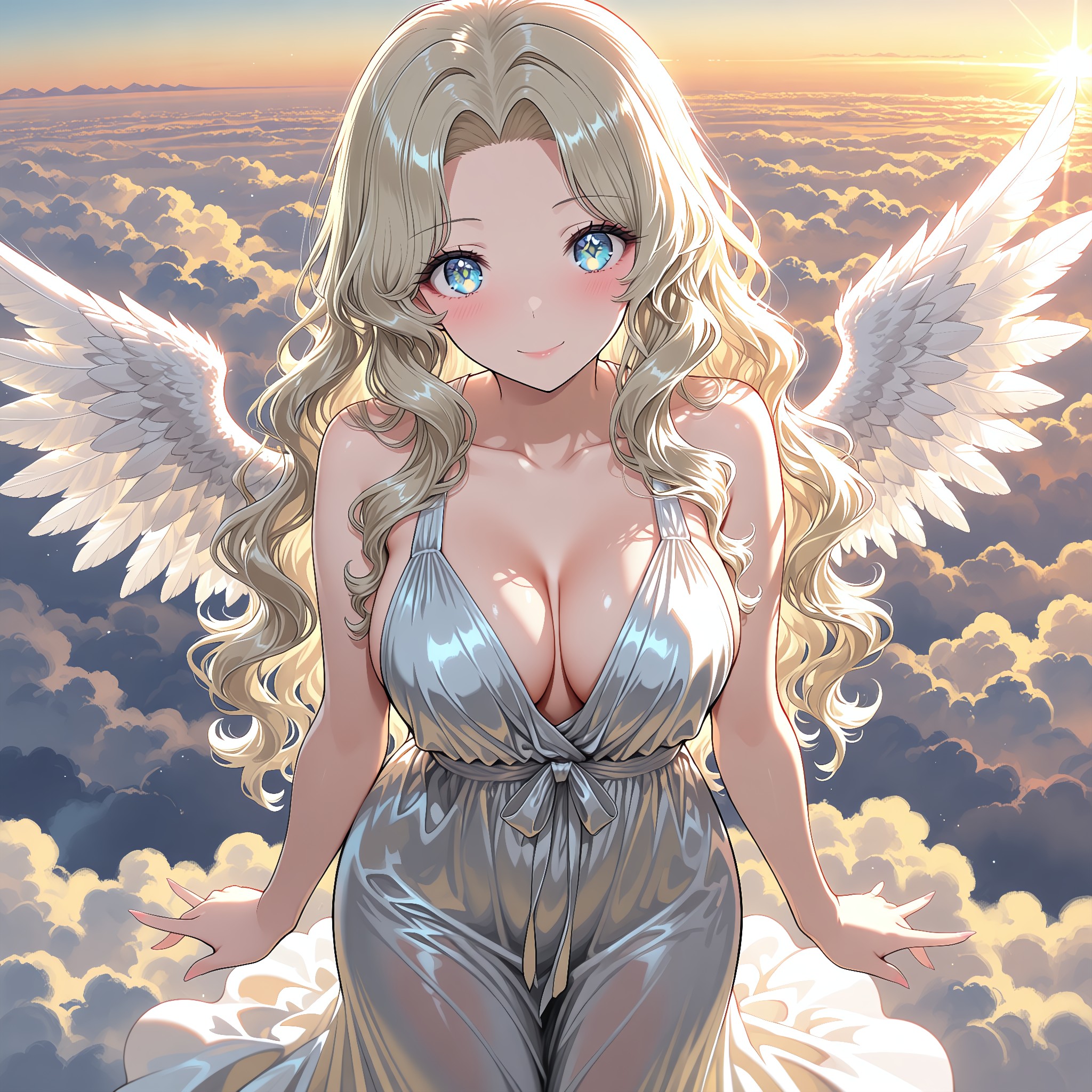 小さめの白い羽。背中で聖女になる。