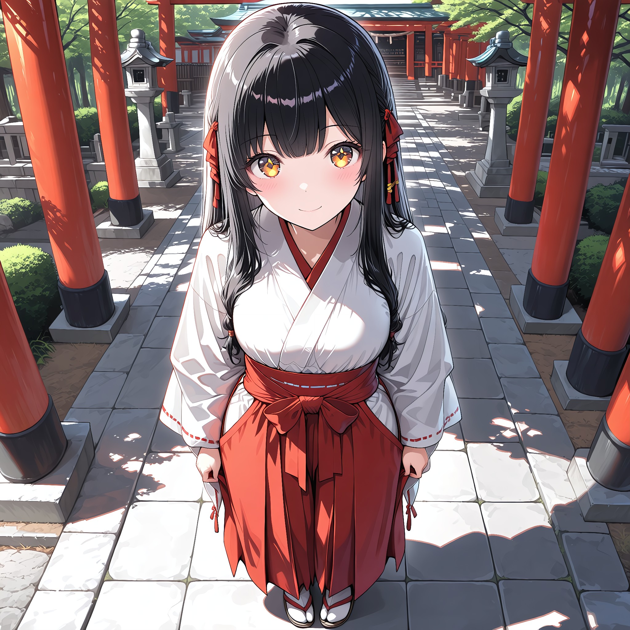 緋袴を腰まで下げる。ゆるい着崩れの和の色気。