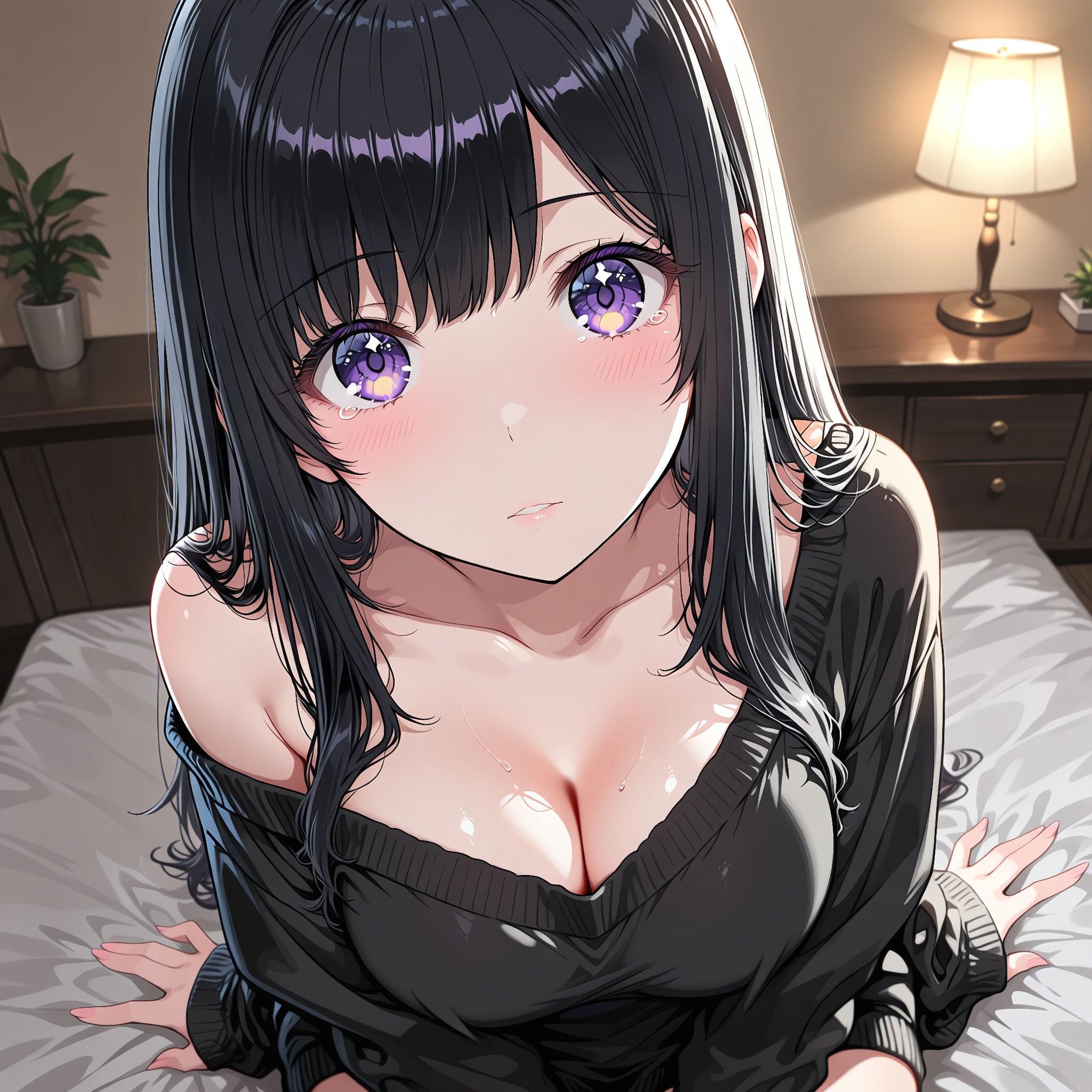 伏し目の見上げ。潤み目でおねだり感。